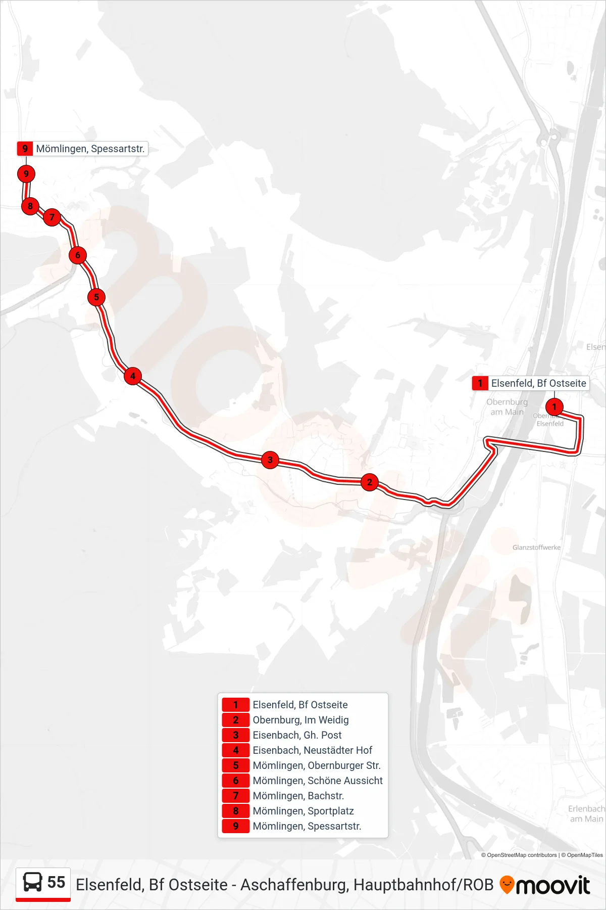 Linie 55 (Bus) Richtung Mömlingen: Route und Haltestellen auf der Karte