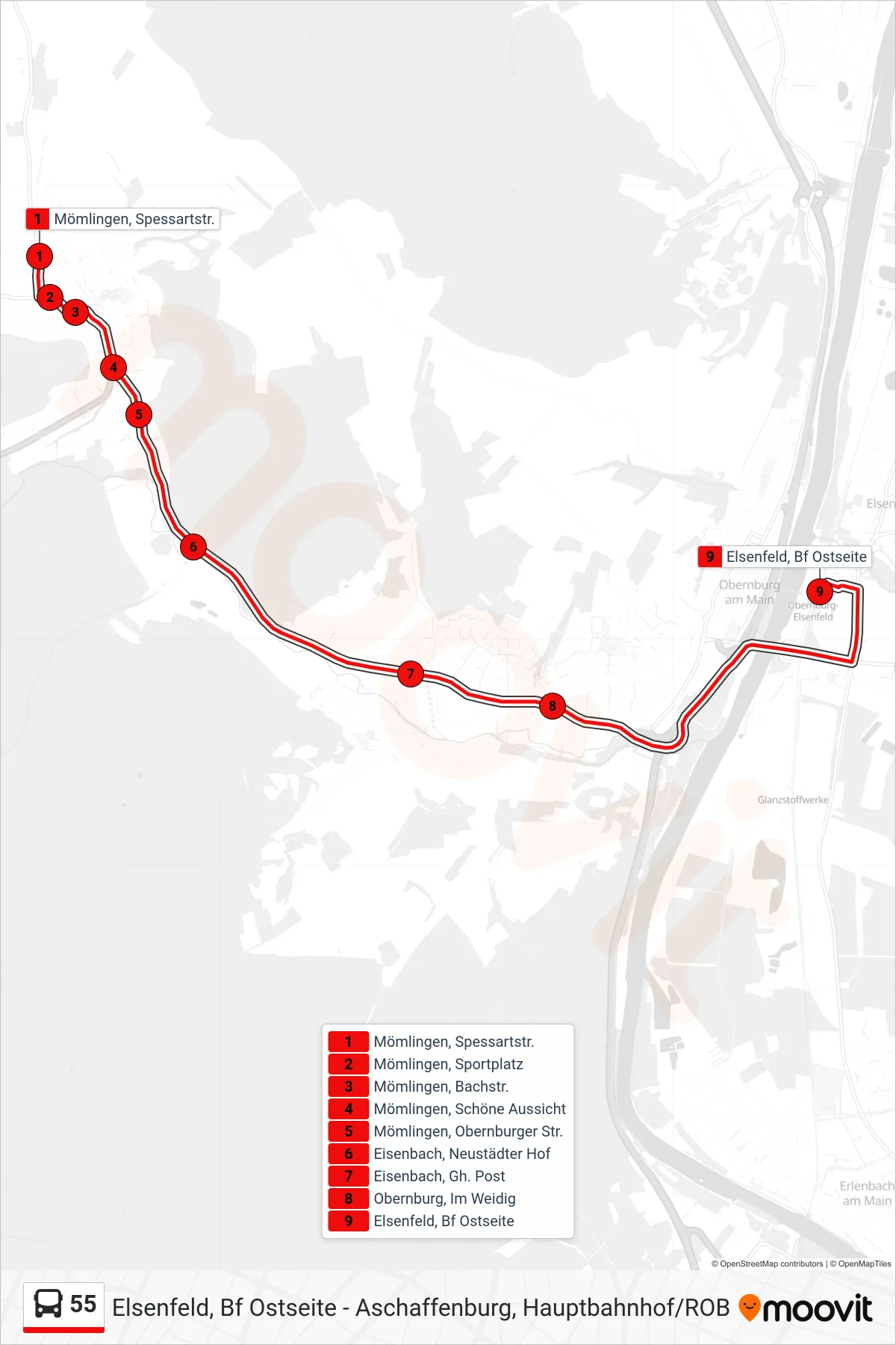 55 bus Line (Obb-Elsenfeld Bhf.; Westseite) route and stops on a map