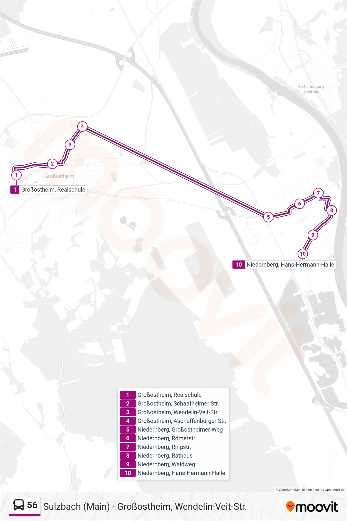 56 bus Line (Niedernberg) route and stops on a map