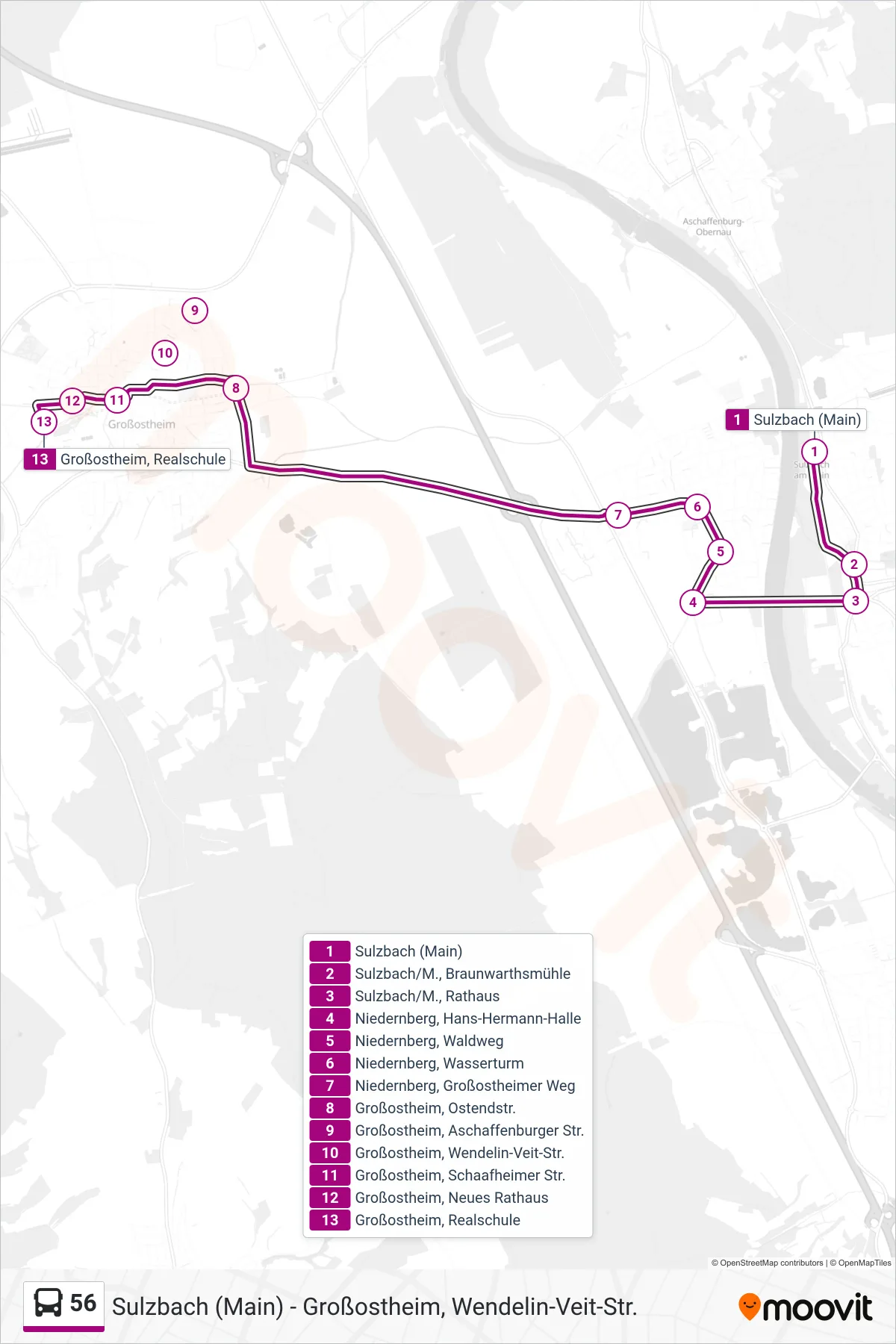 56 bus Line (Großostheim) route and stops on a map