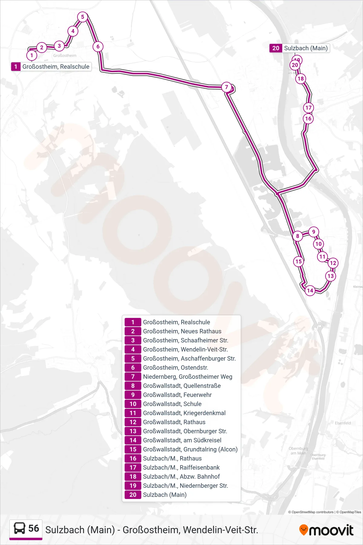 56 bus Line (Sulzbach (Main)) route and stops on a map