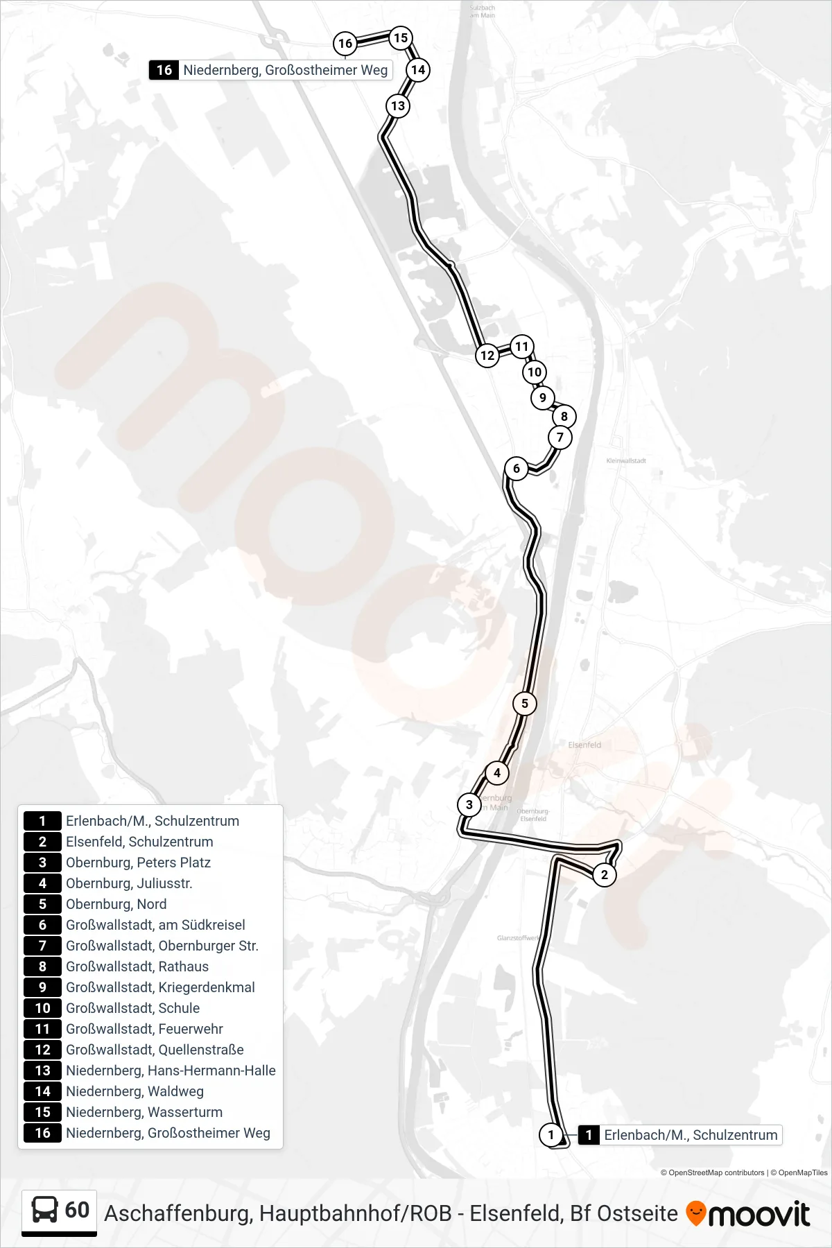 60 bus Line (Niedernberg) route and stops on a map