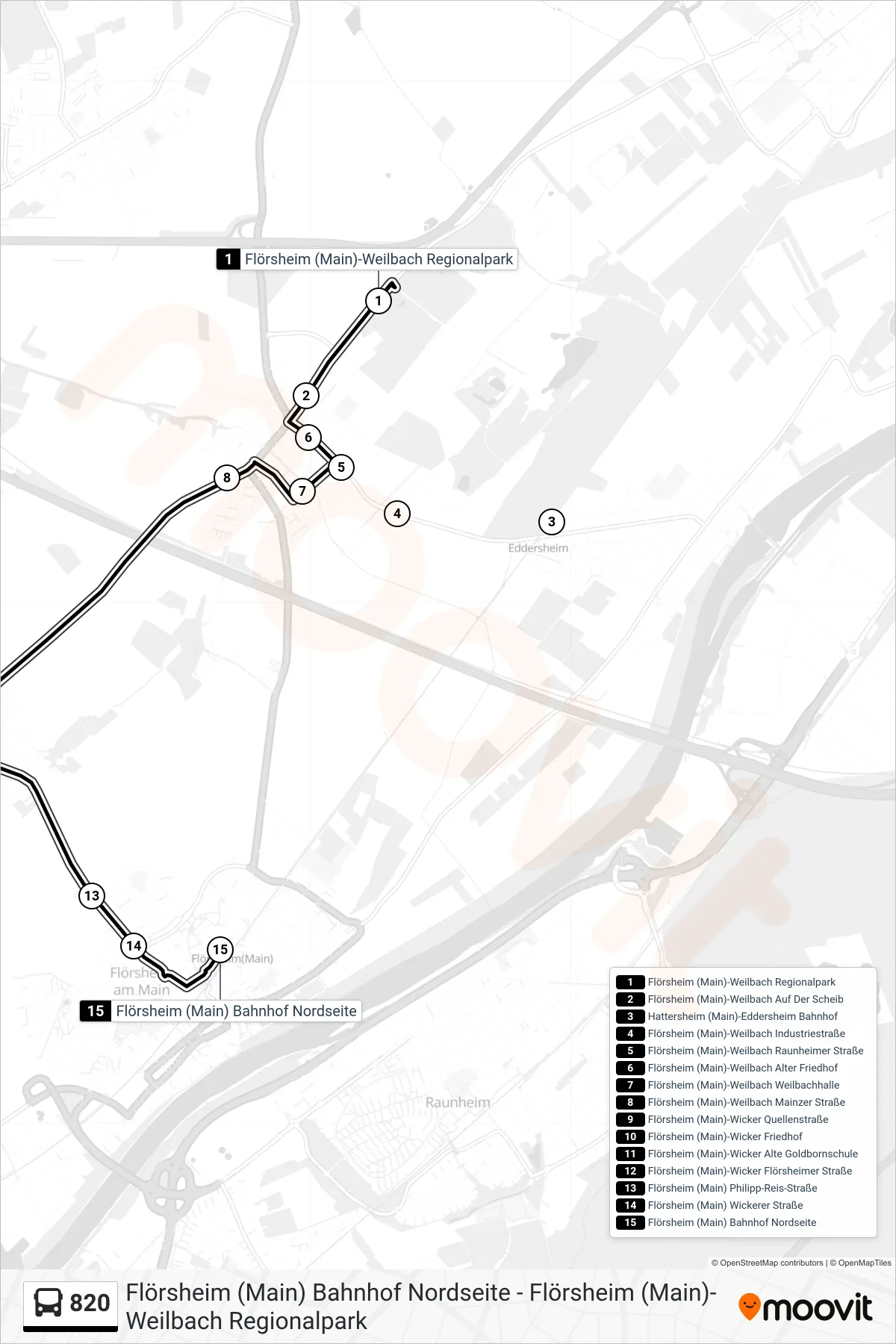 820 bus Line (Flörsheim (Main) Bahnhof Nordseite) route and stops on a map
