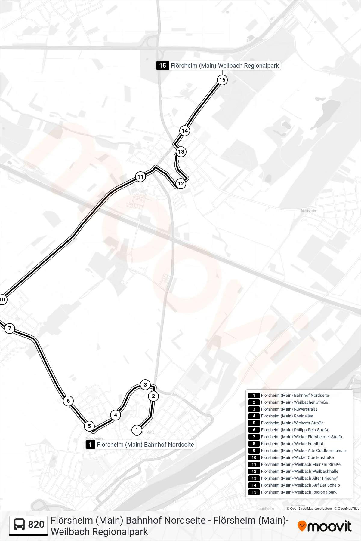 820 bus Line (Flörsheim (Main)-Weilbach Regionalpark) route and stops on a map