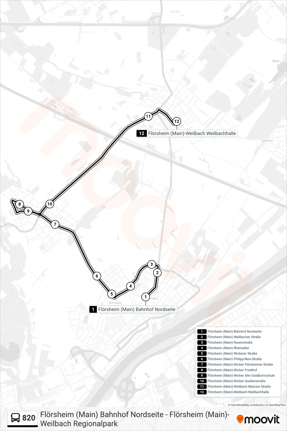 Linie 820 (Bus) Richtung Flörsheim (Main)-Weilbach Weilbachhalle: Route und Haltestellen auf der Karte