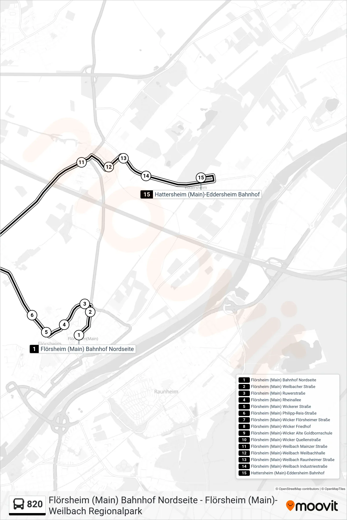 820 bus Line (Hattersheim (Main)-Eddersheim Bahnhof) route and stops on a map