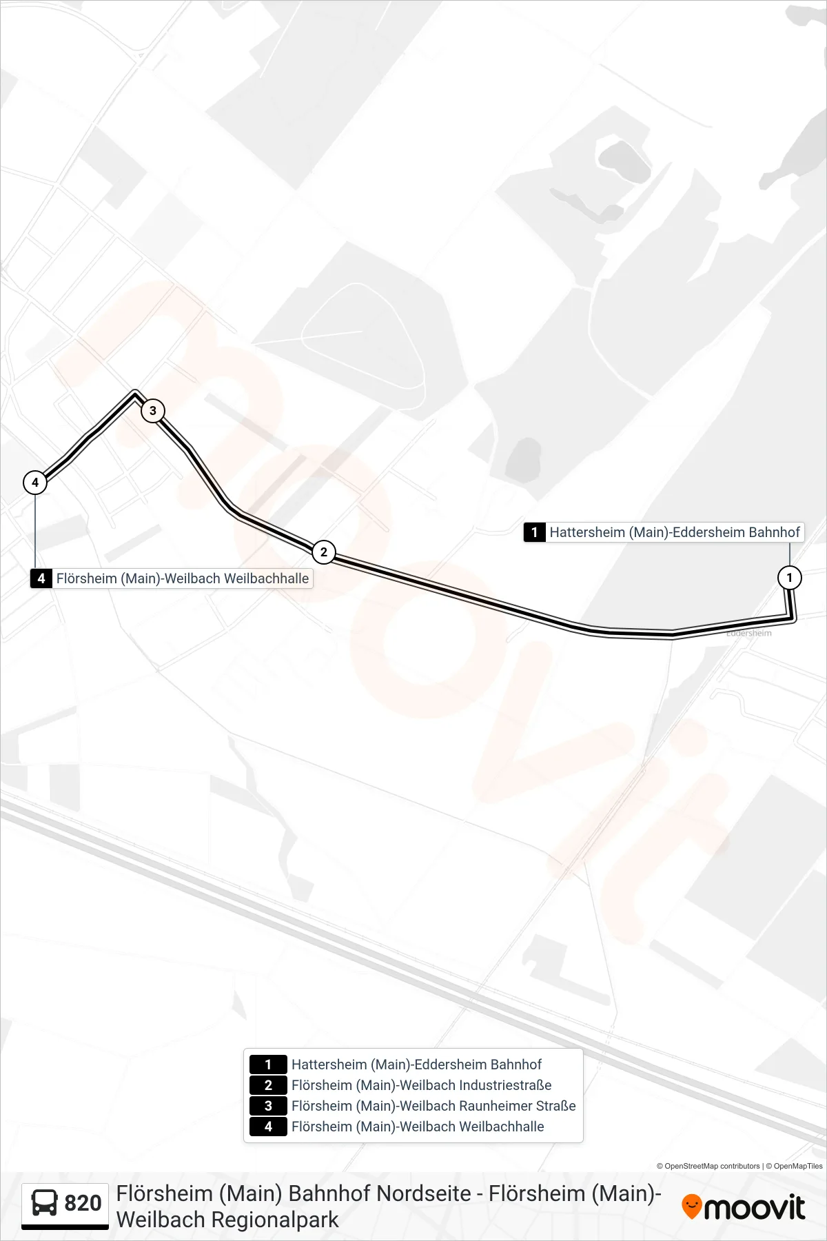 820 bus Line (Flörsheim (Main)-Weilbach Weilbachhalle) route and stops on a map