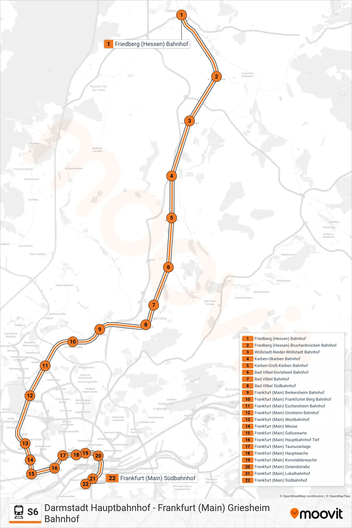 S6 train Line (Frankfurt (Main) Südbahnhof) route and stops on a map
