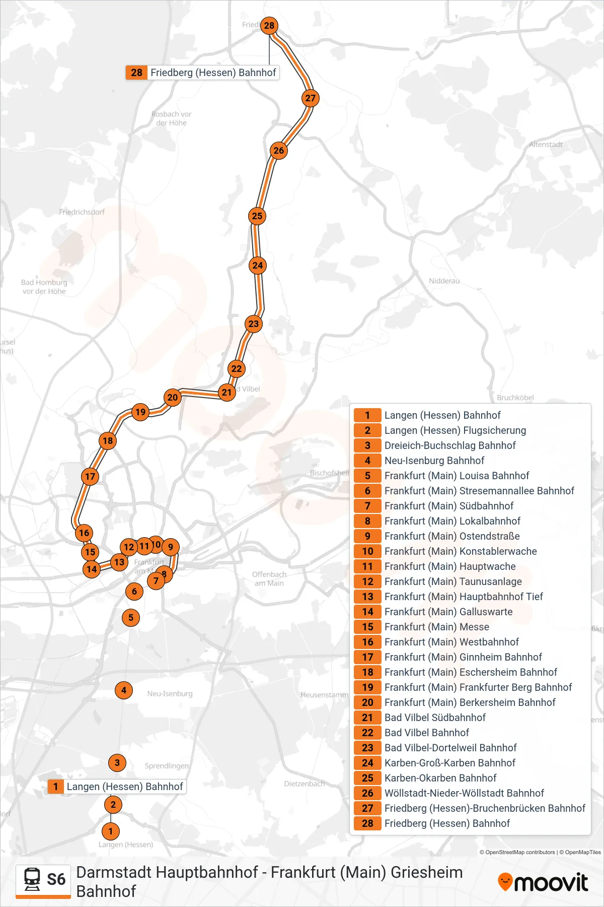 S6 train Line (Friedberg (Hessen) Bahnhof) route and stops on a map