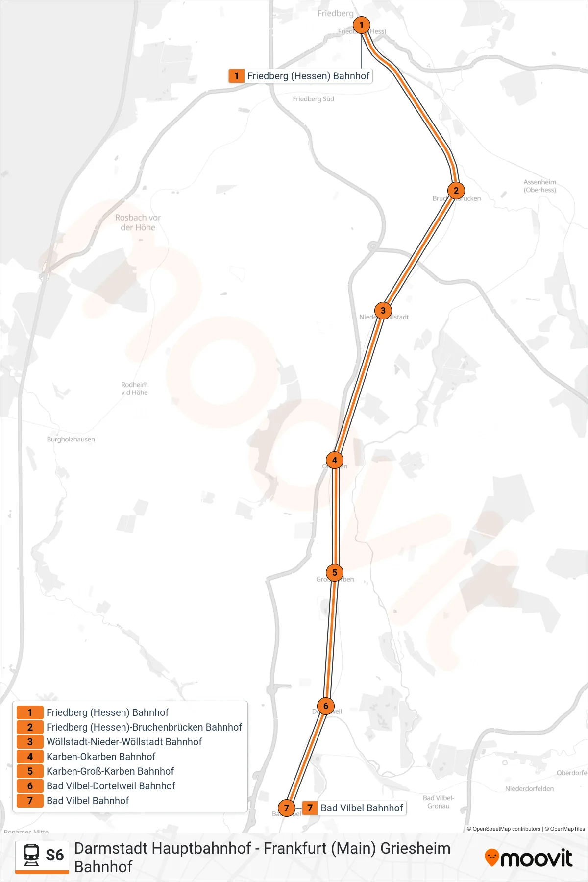 S6 train Line (Bad Vilbel Bahnhof) route and stops on a map