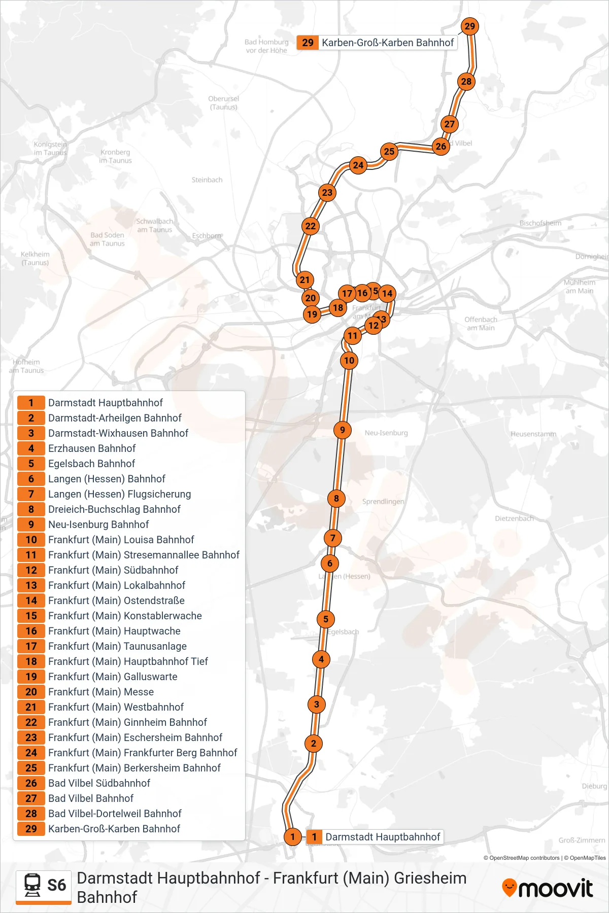 S6 train Line (Karben-Groß-Karben Bahnhof) route and stops on a map