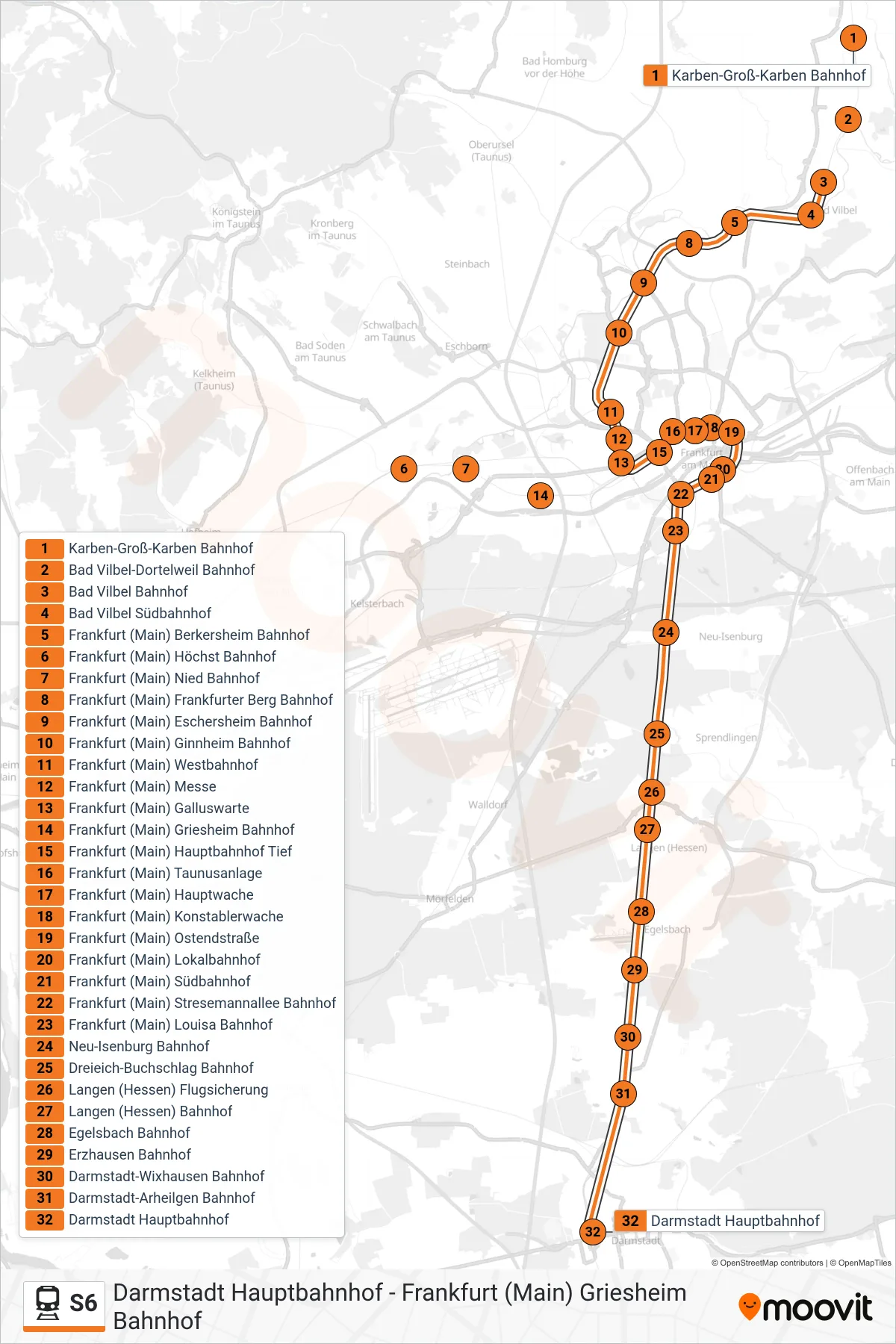 Linie S6 (Bahn) Richtung Darmstadt Hauptbahnhof: Route und Haltestellen auf der Karte