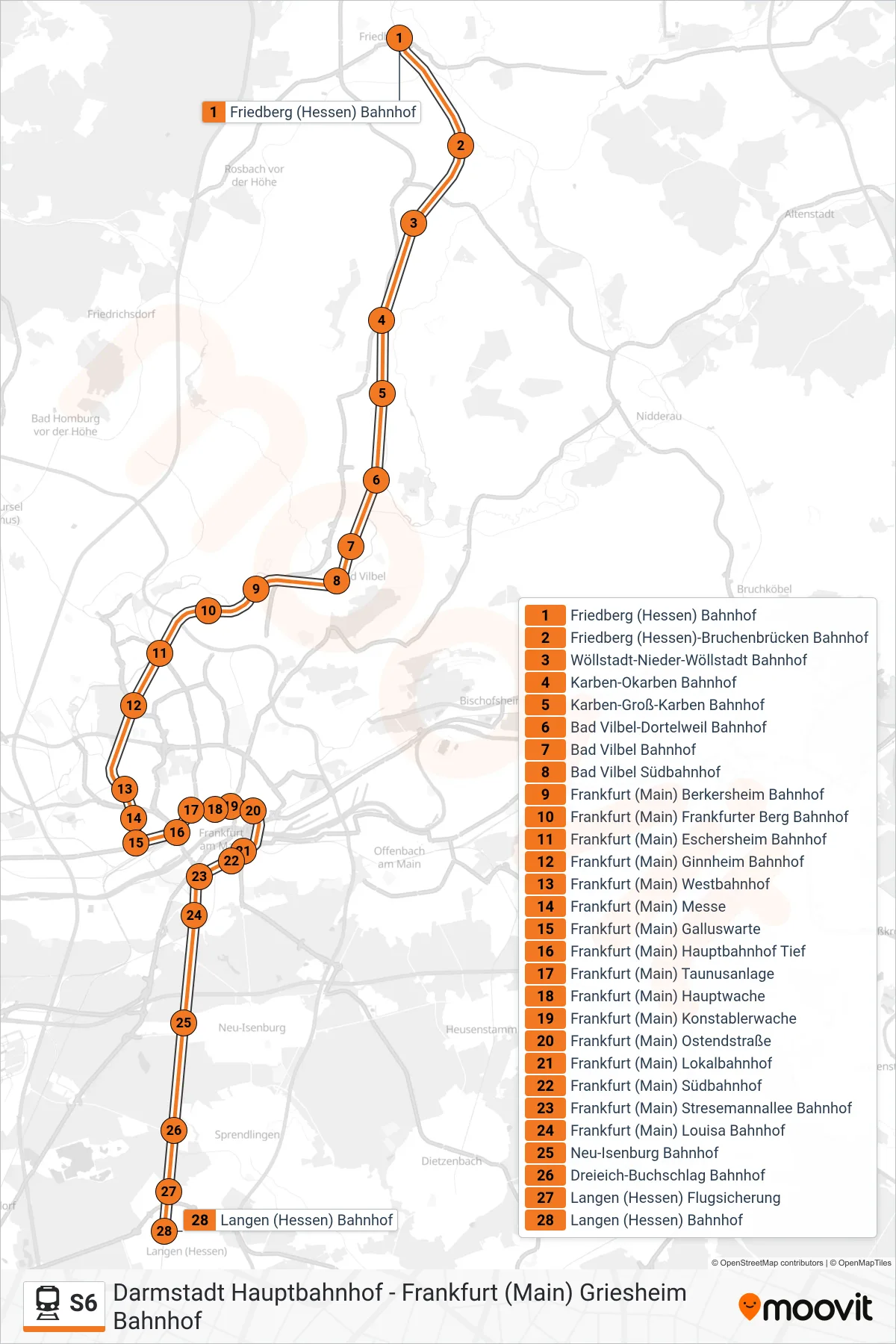 S6 train Line (Langen (Hessen) Bahnhof) route and stops on a map