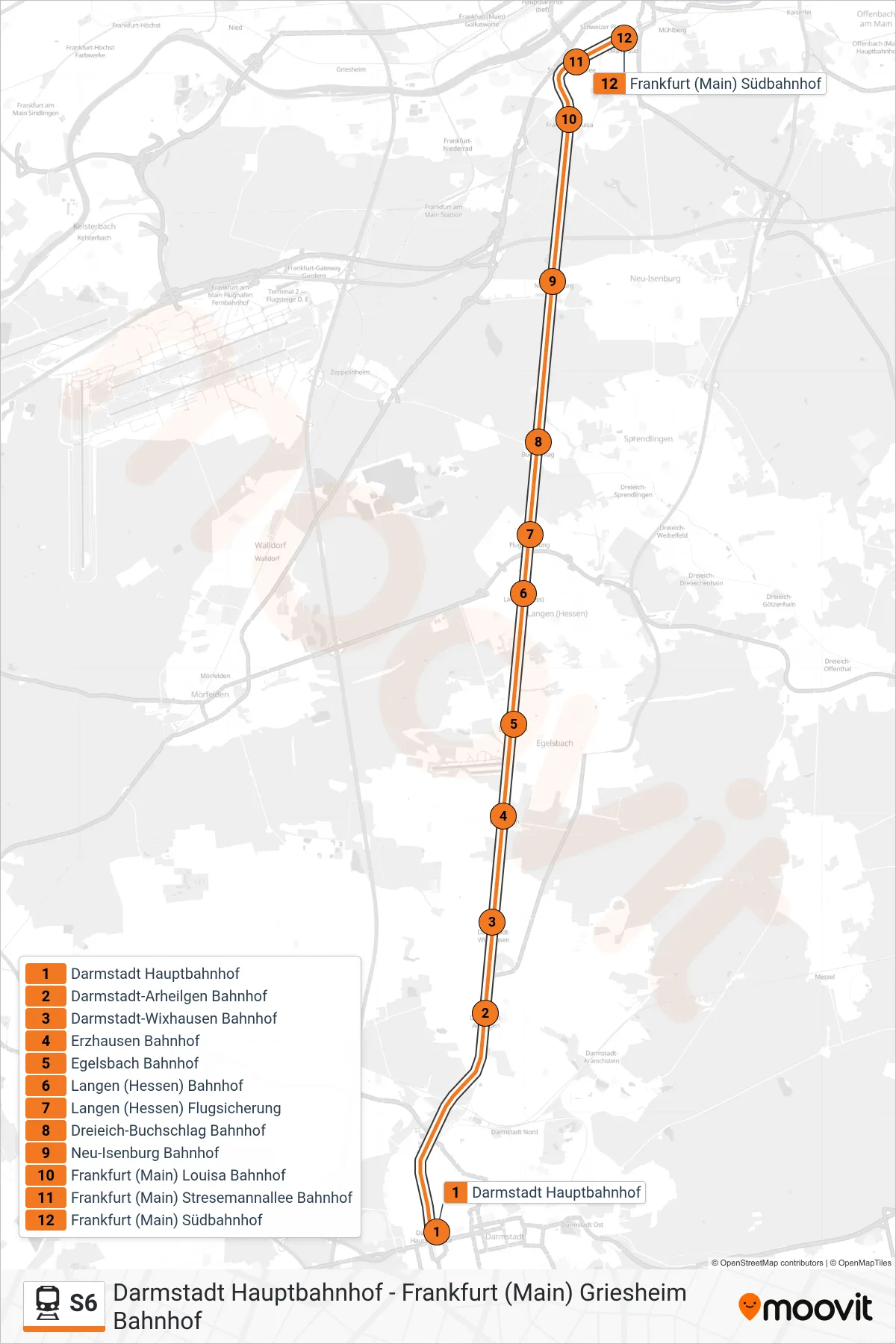 S6 train Line (Frankfurt (Main) Südbahnhof) route and stops on a map