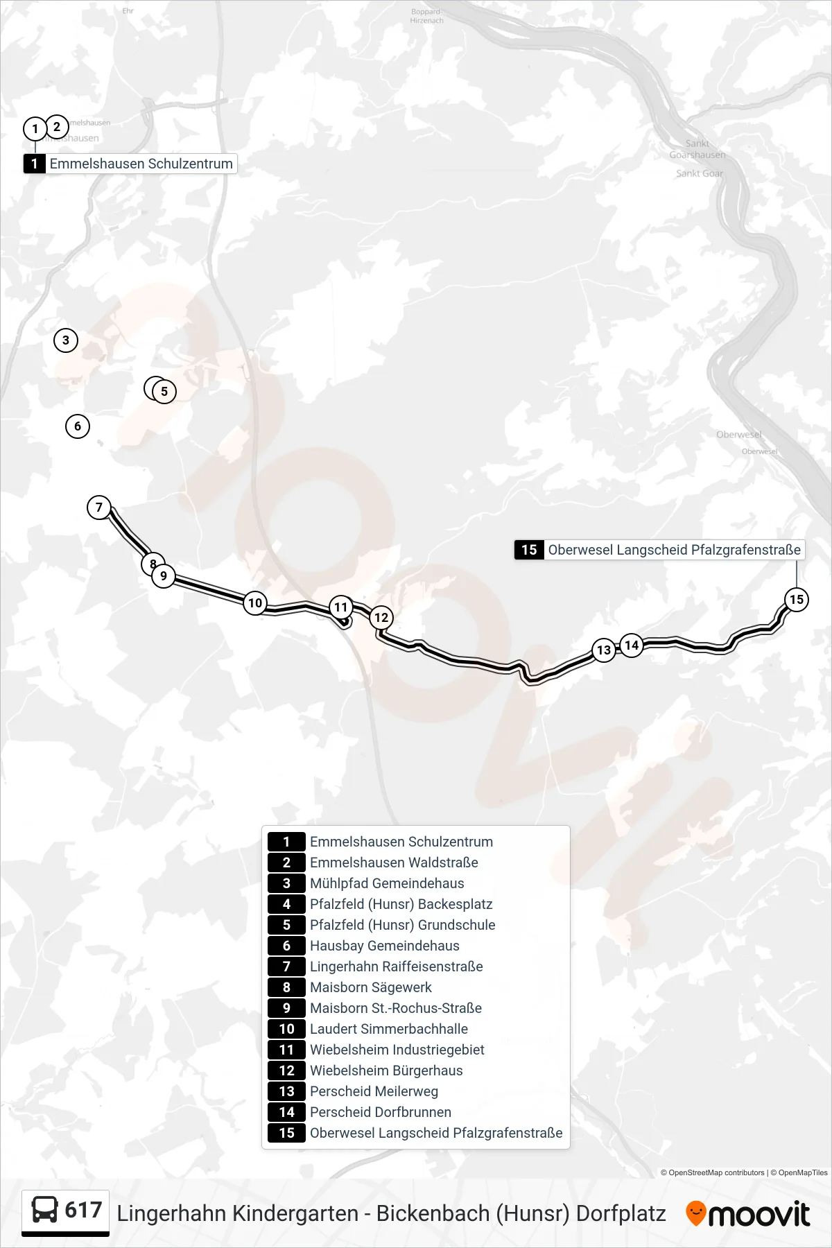 617 bus Line (Oberwesel Langscheid Pfalzgrafenstraße) route and stops on a map