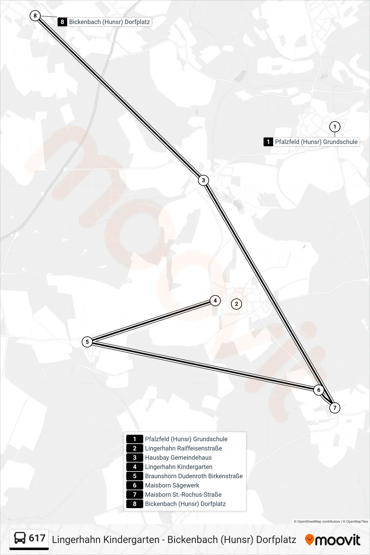 617 bus Line (Bickenbach (Hunsr) Dorfplatz) route and stops on a map