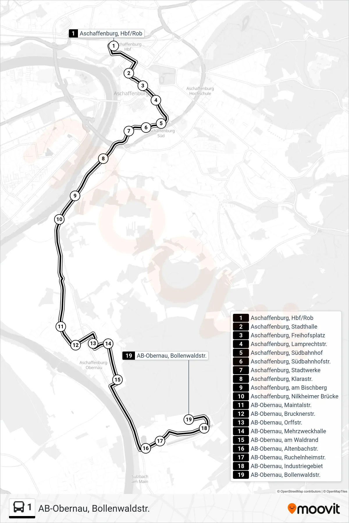 1 bus Line (AB-Obernau, Bollenwaldstr.) route and stops on a map