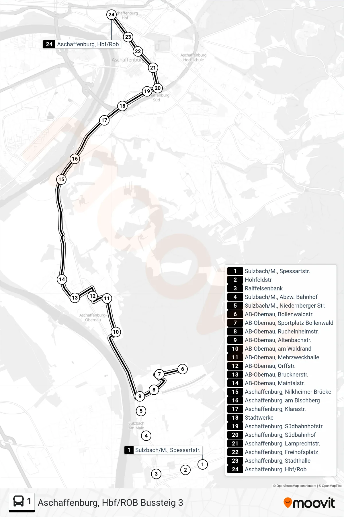 1 bus Line (Aschaffenburg, Hbf/ROB Bussteig 3) route and stops on a map
