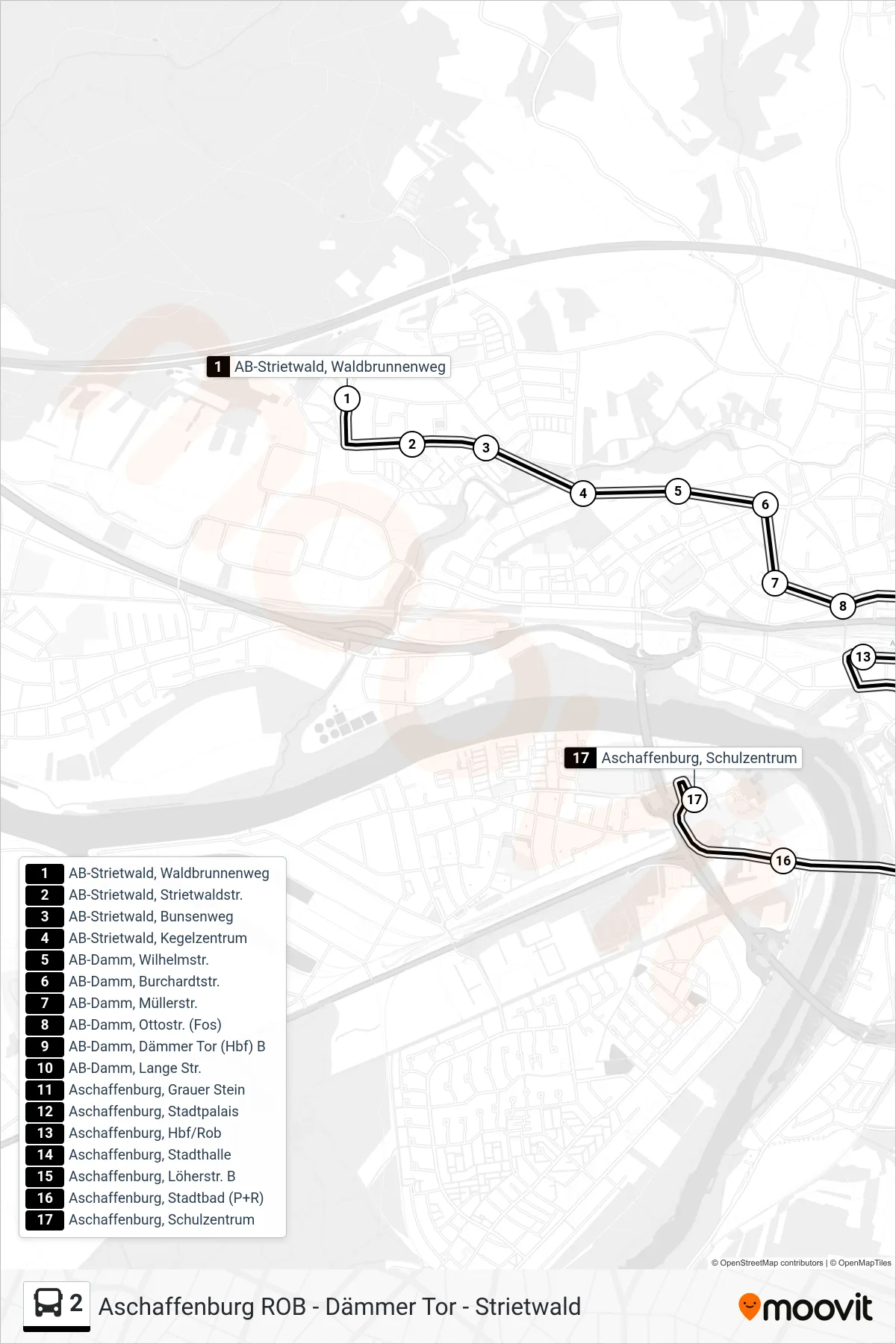 Linie 2 (Bus) Richtung Aschaffenburg, Schulzentrum: Route und Haltestellen auf der Karte