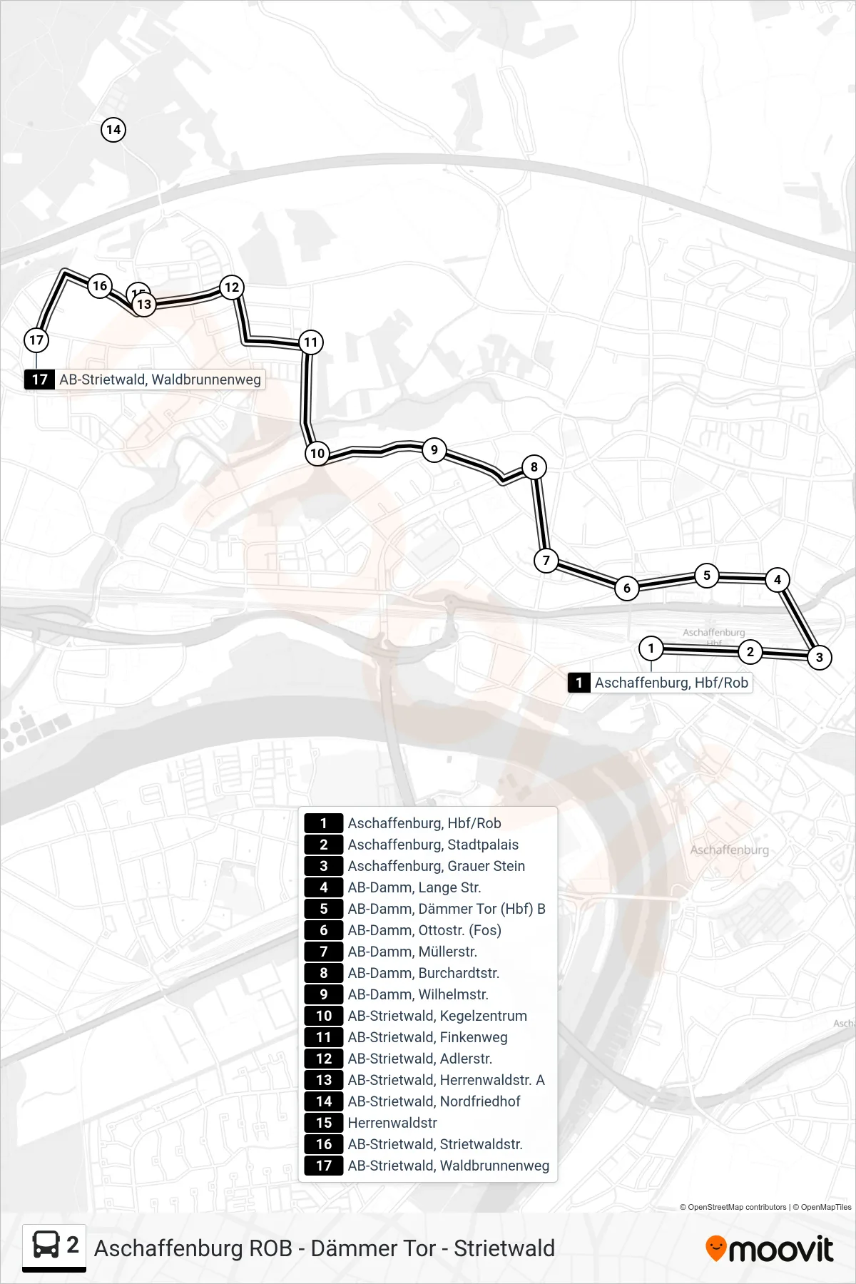 2 bus Line (AB-Strietwald, Waldbrunnenweg) route and stops on a map
