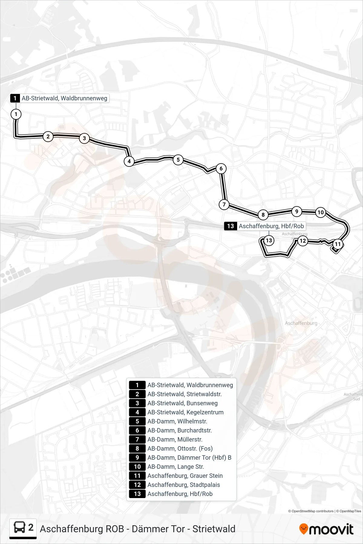 2 bus Line (Aschaffenburg, Hbf/ROB Bussteig 5) route and stops on a map