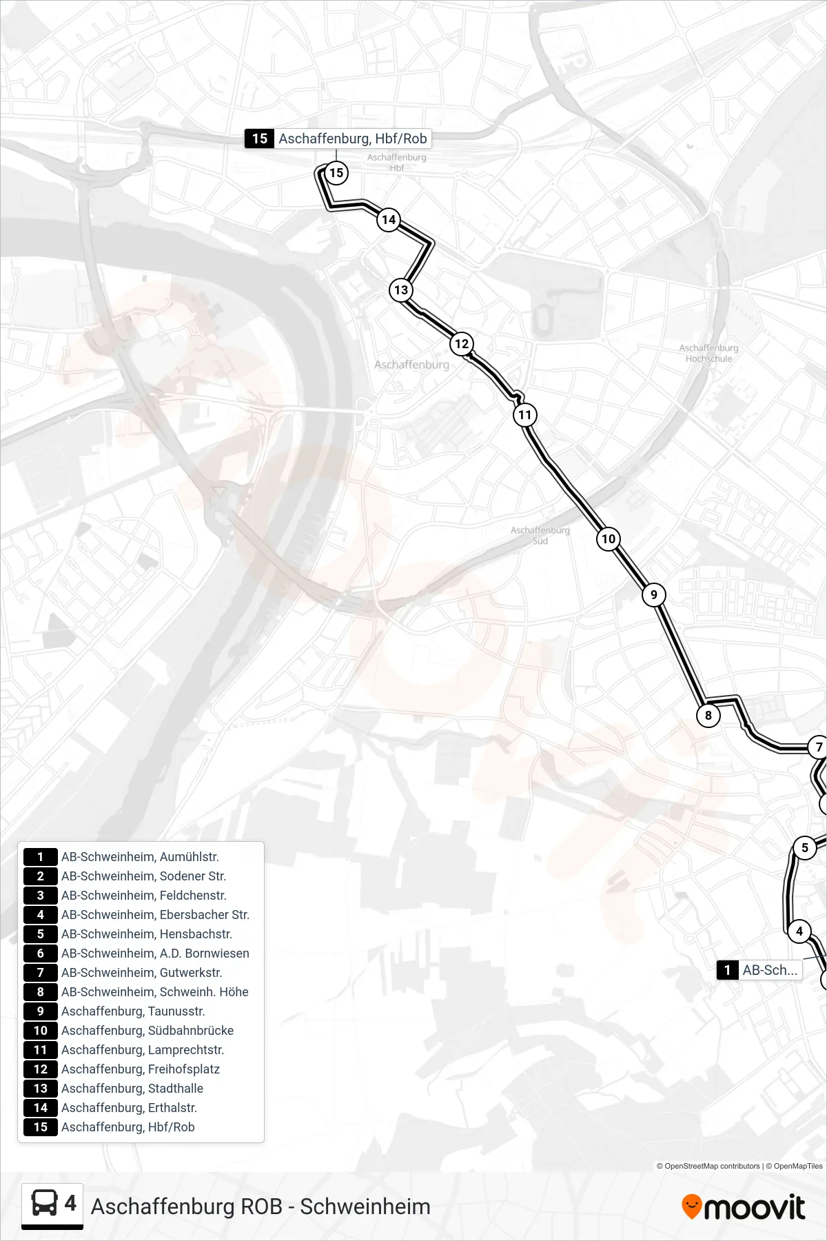 4 bus Line (Aschaffenburg, Hbf/ROB Bussteig 4) route and stops on a map