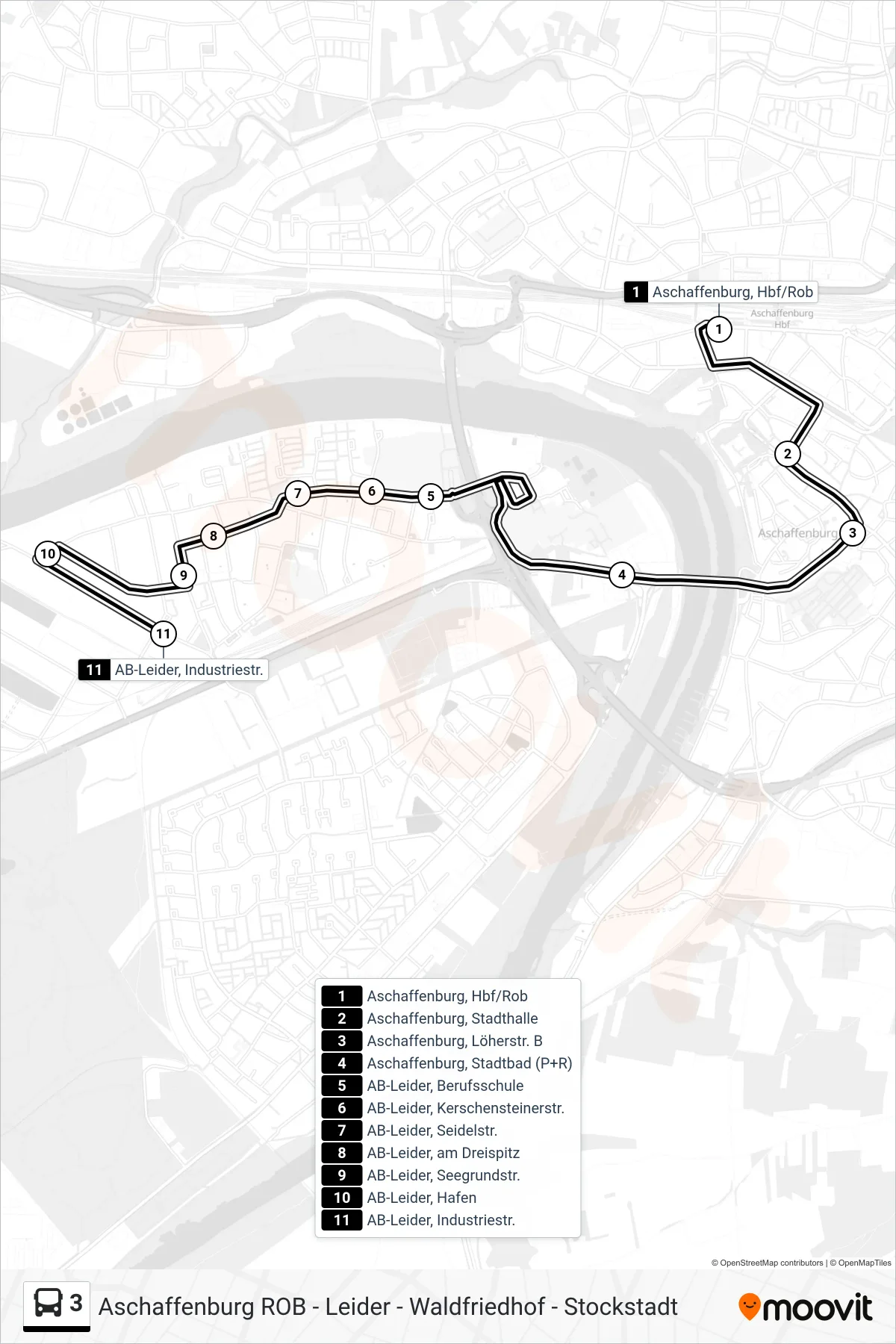 3 bus Line (AB-Leider, Industriestr.) route and stops on a map