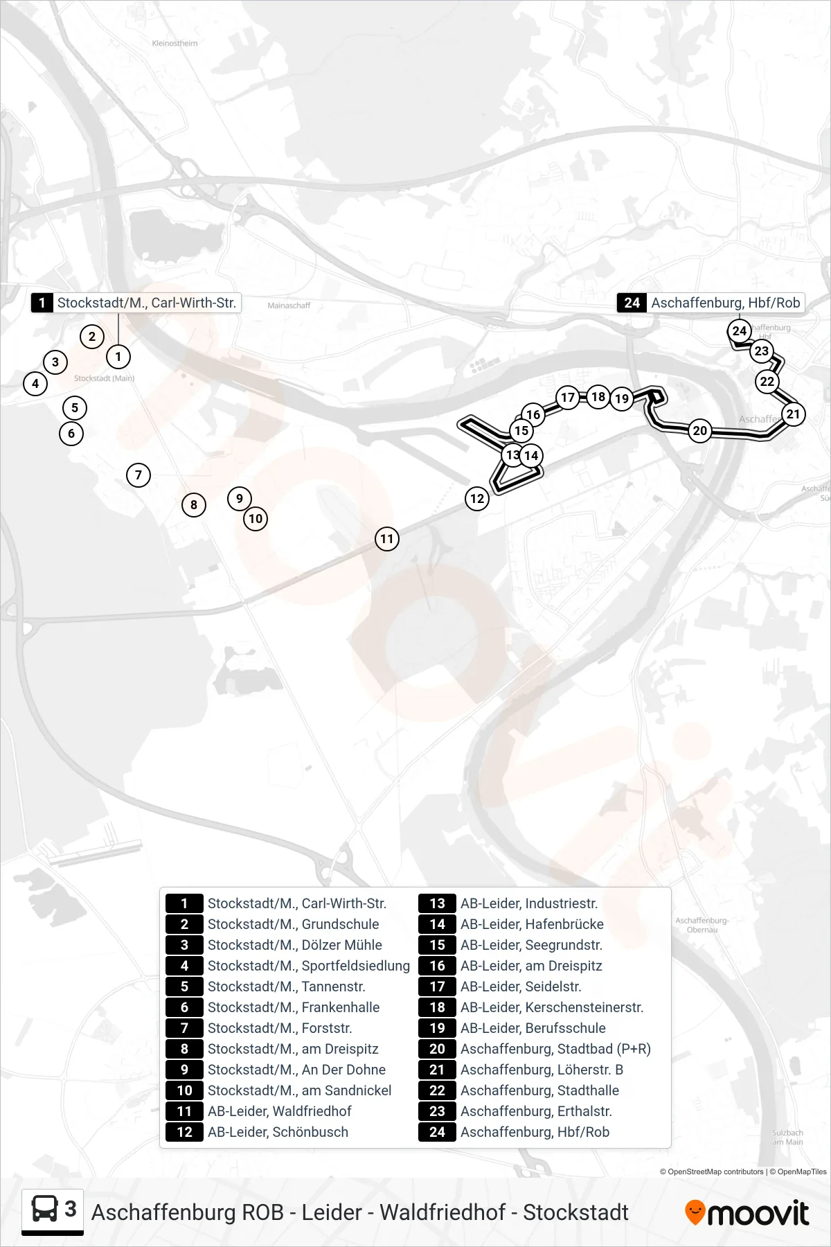 3 bus Line (Aschaffenburg, Hbf/ROB Bussteig 7) route and stops on a map