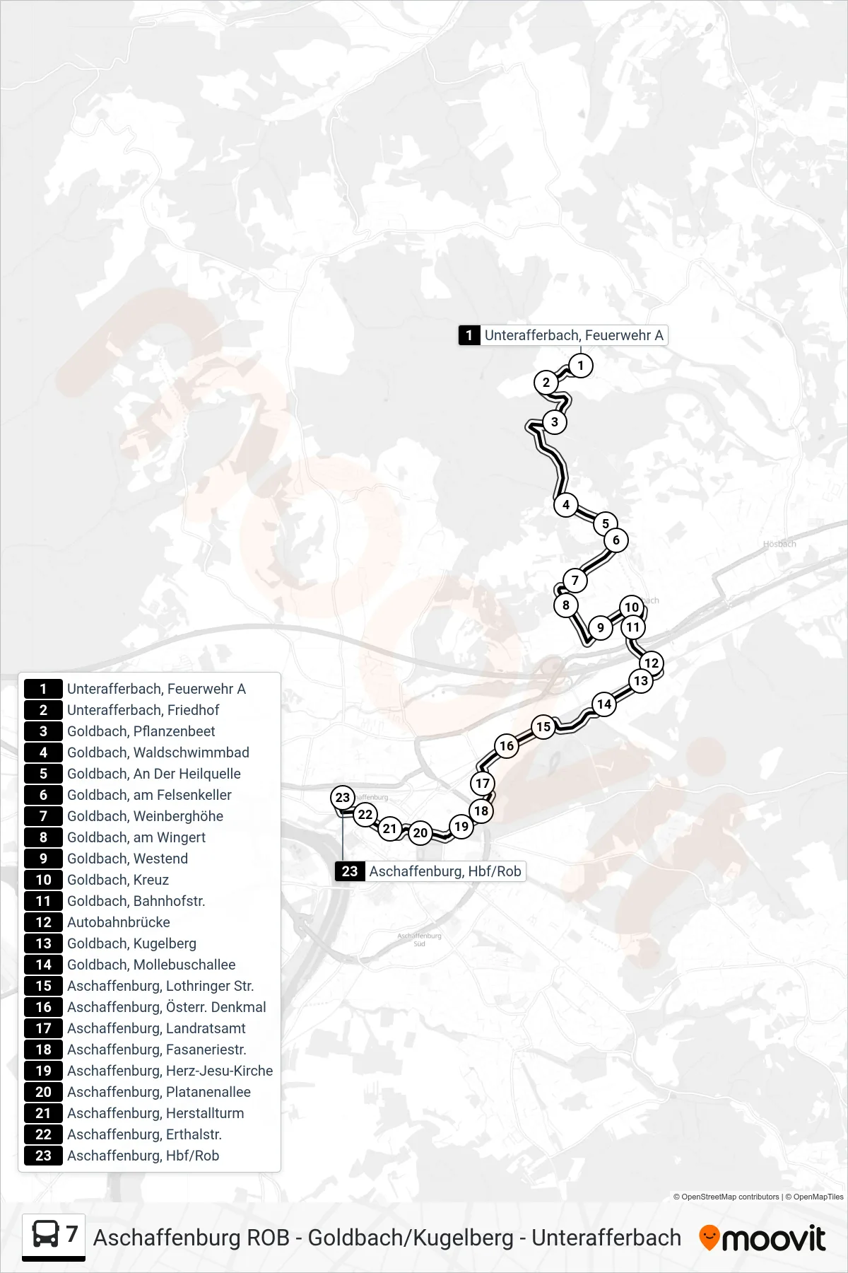 Linie 7 (Bus) Richtung Aschaffenburg, Hbf/ROB: Route und Haltestellen auf der Karte
