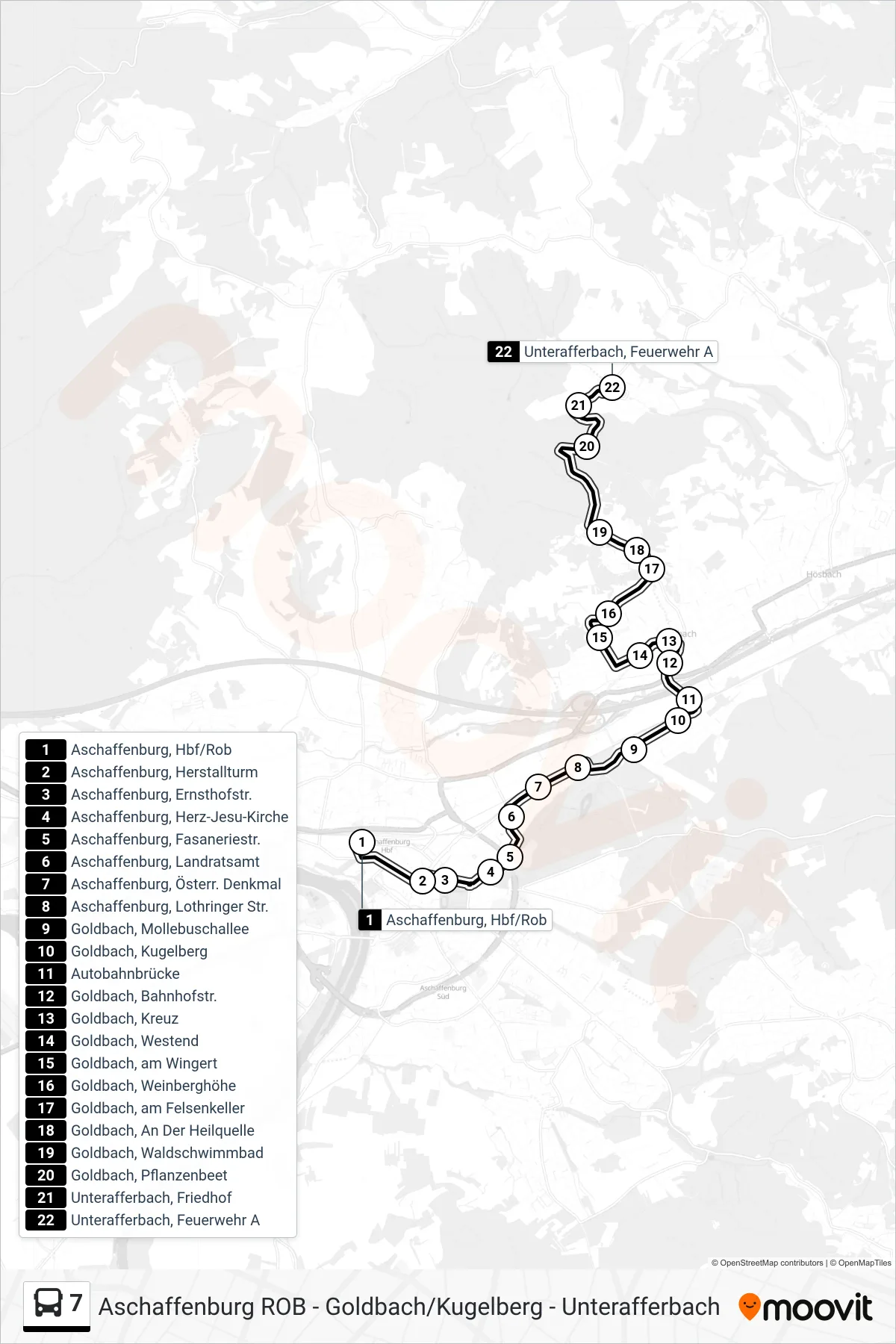 7 bus Line (Unterafferbach, Feuerwehr A) route and stops on a map