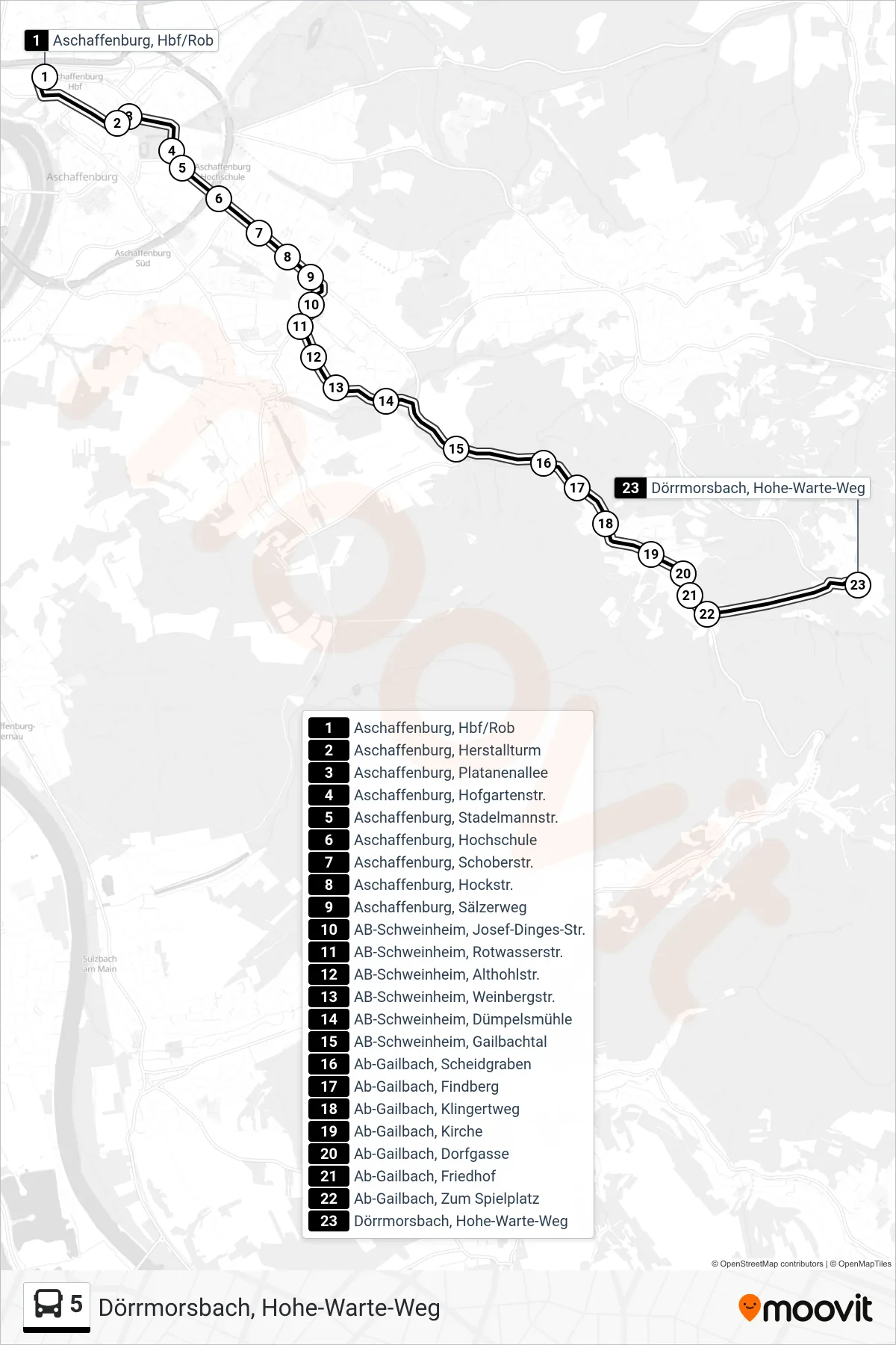 5 bus Line (Dörrmorsbach, Hohe-Warte-Weg) route and stops on a map
