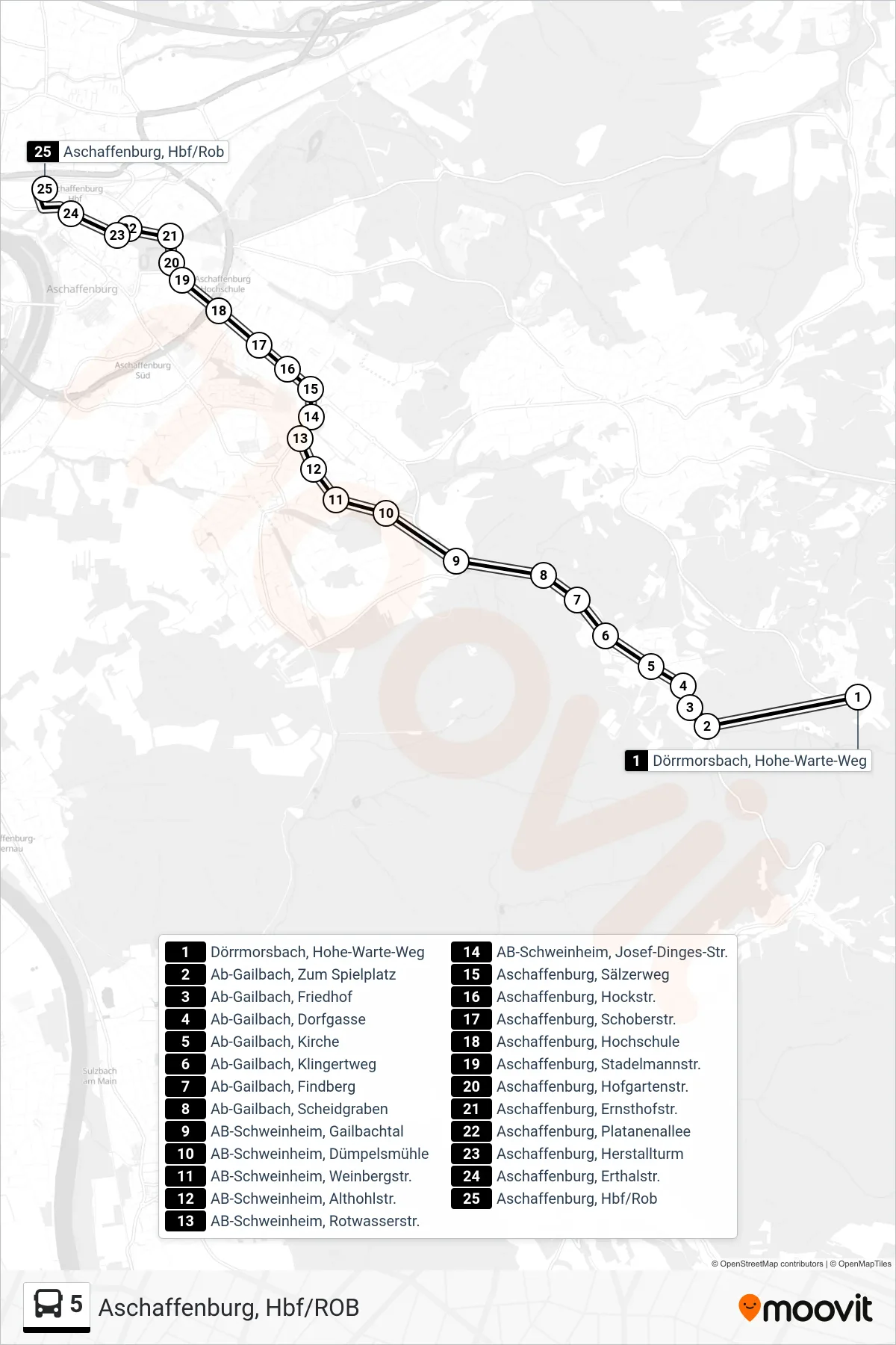 Linie 5 (Bus) Richtung Aschaffenburg, Hbf/ROB: Route und Haltestellen auf der Karte