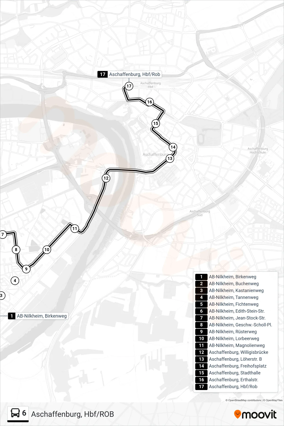 6 bus Line (Aschaffenburg, Hbf/ROB) route and stops on a map