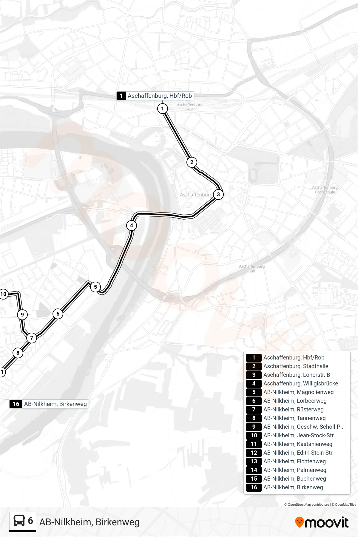 Linie 6 (Bus) Richtung AB-Nilkheim, Birkenweg: Route und Haltestellen auf der Karte