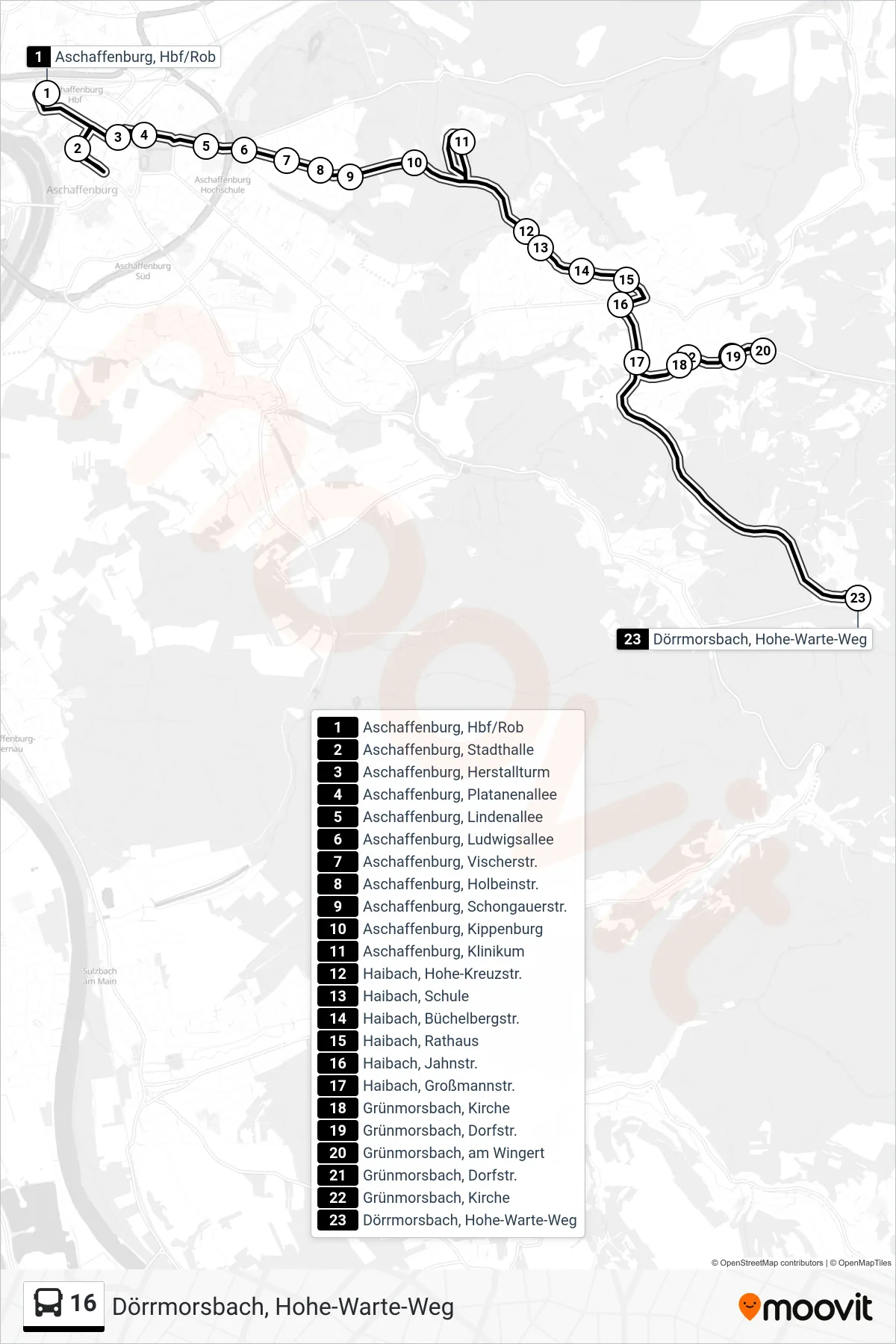 Linie 16 (Bus) Richtung Dörrmorsbach, Hohe-Warte-Weg: Route und Haltestellen auf der Karte