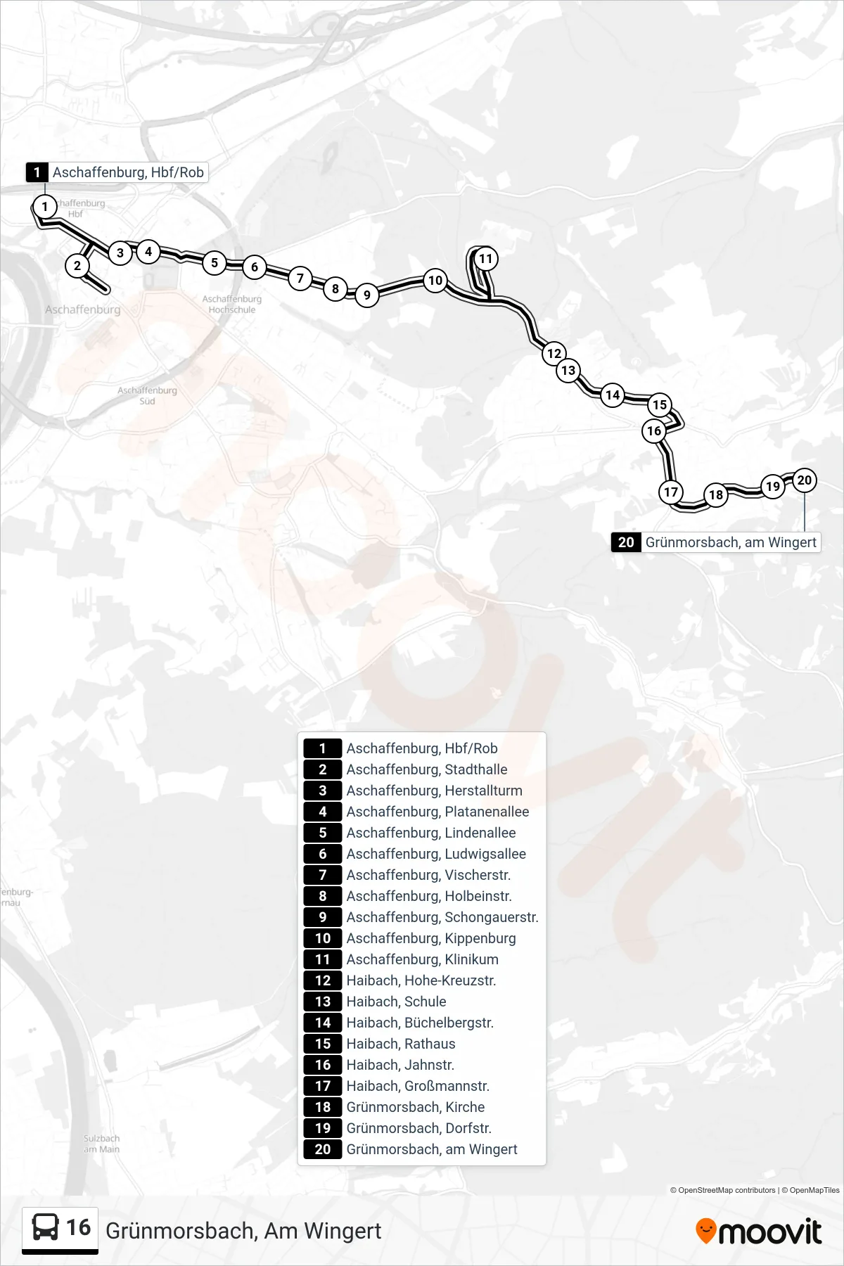 16 bus Line (Grünmorsbach, Am Wingert) route and stops on a map