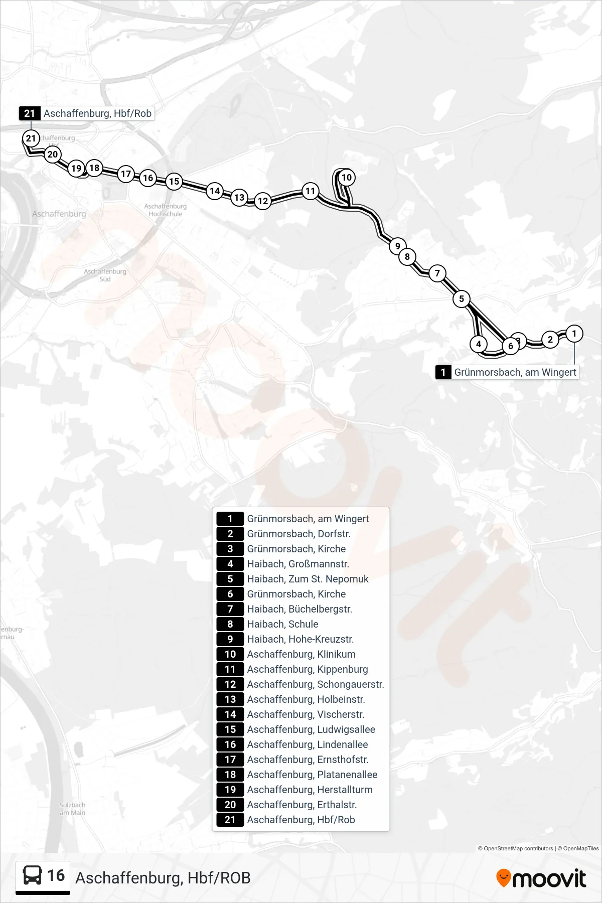 16 bus Line (Aschaffenburg, Hbf/ROB) route and stops on a map