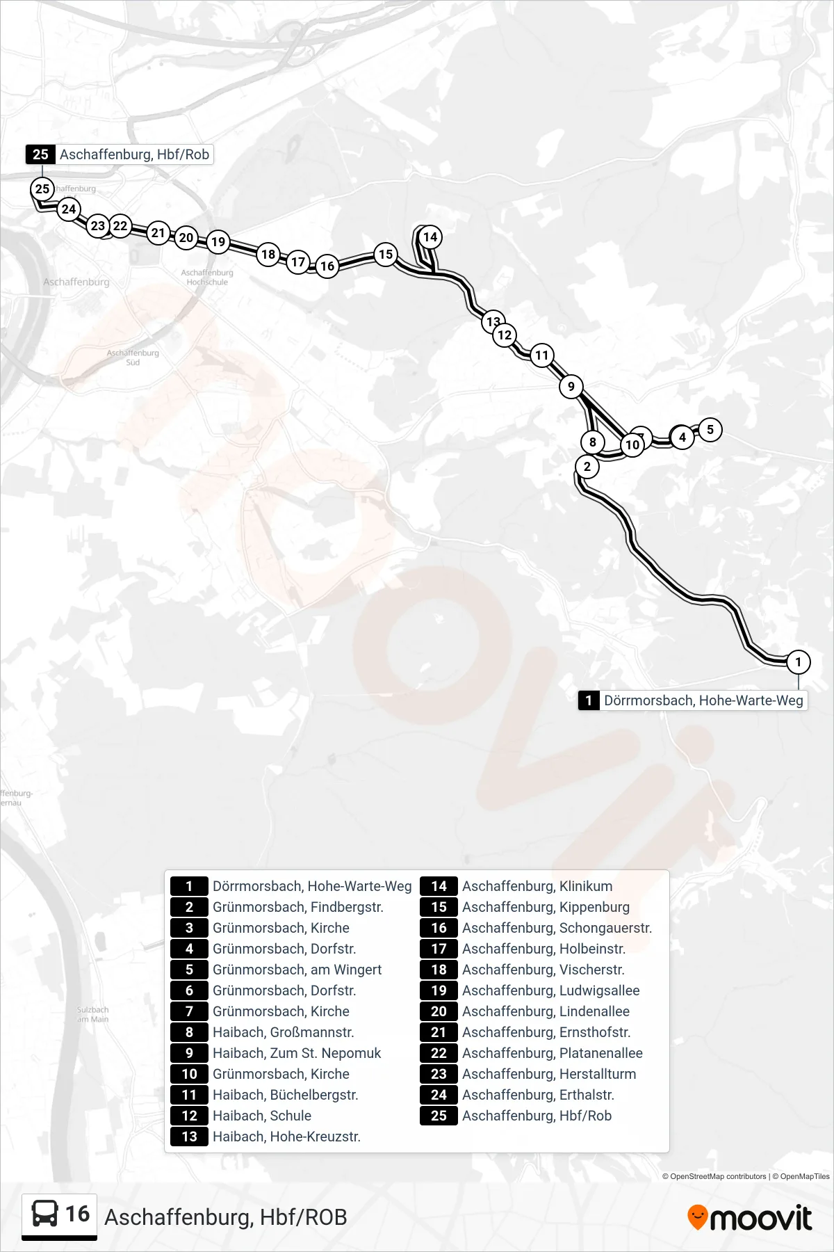 16 bus Line (Aschaffenburg, Hbf/ROB) route and stops on a map
