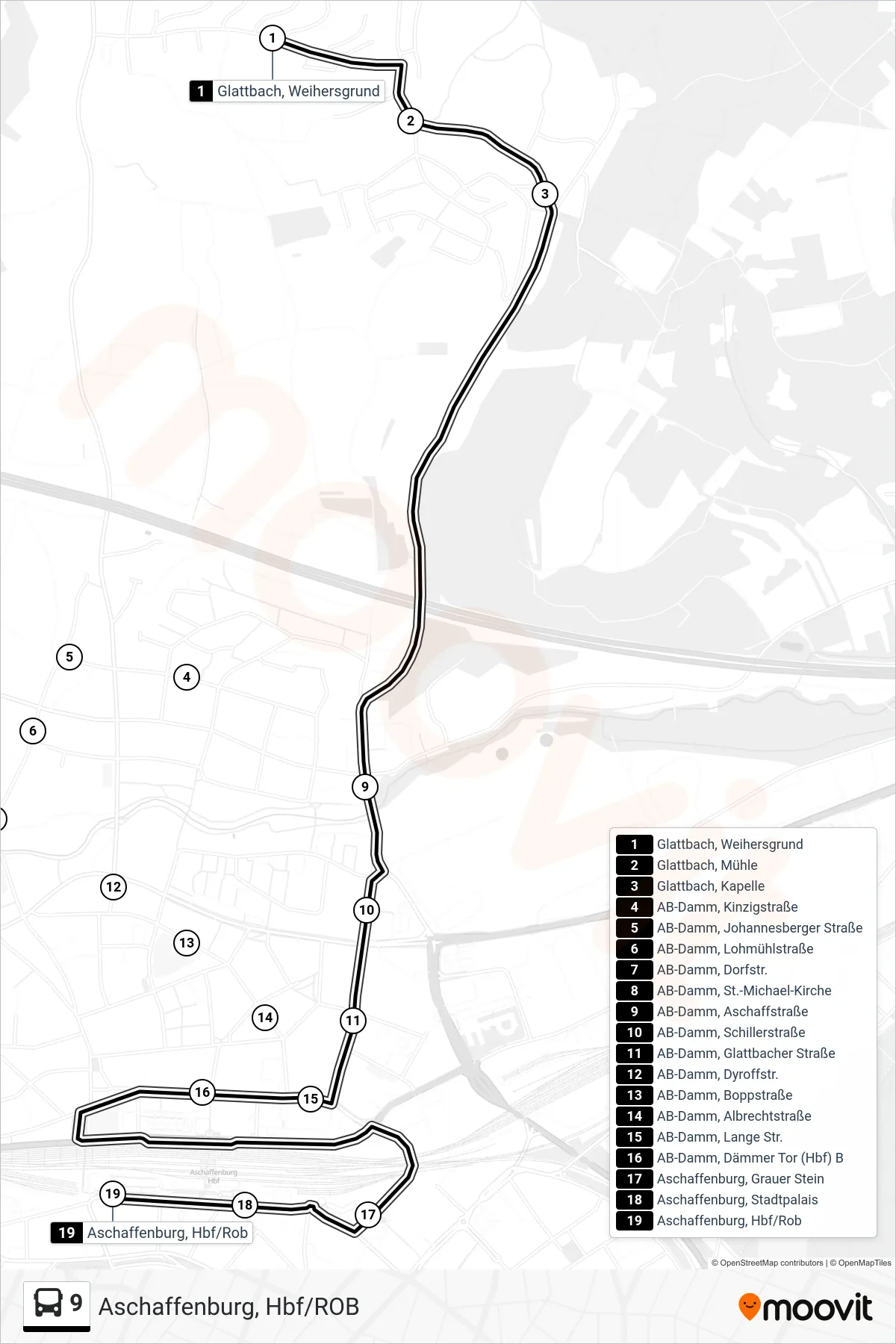 Linie 9 (Bus) Richtung Aschaffenburg, Hbf/ROB: Route und Haltestellen auf der Karte