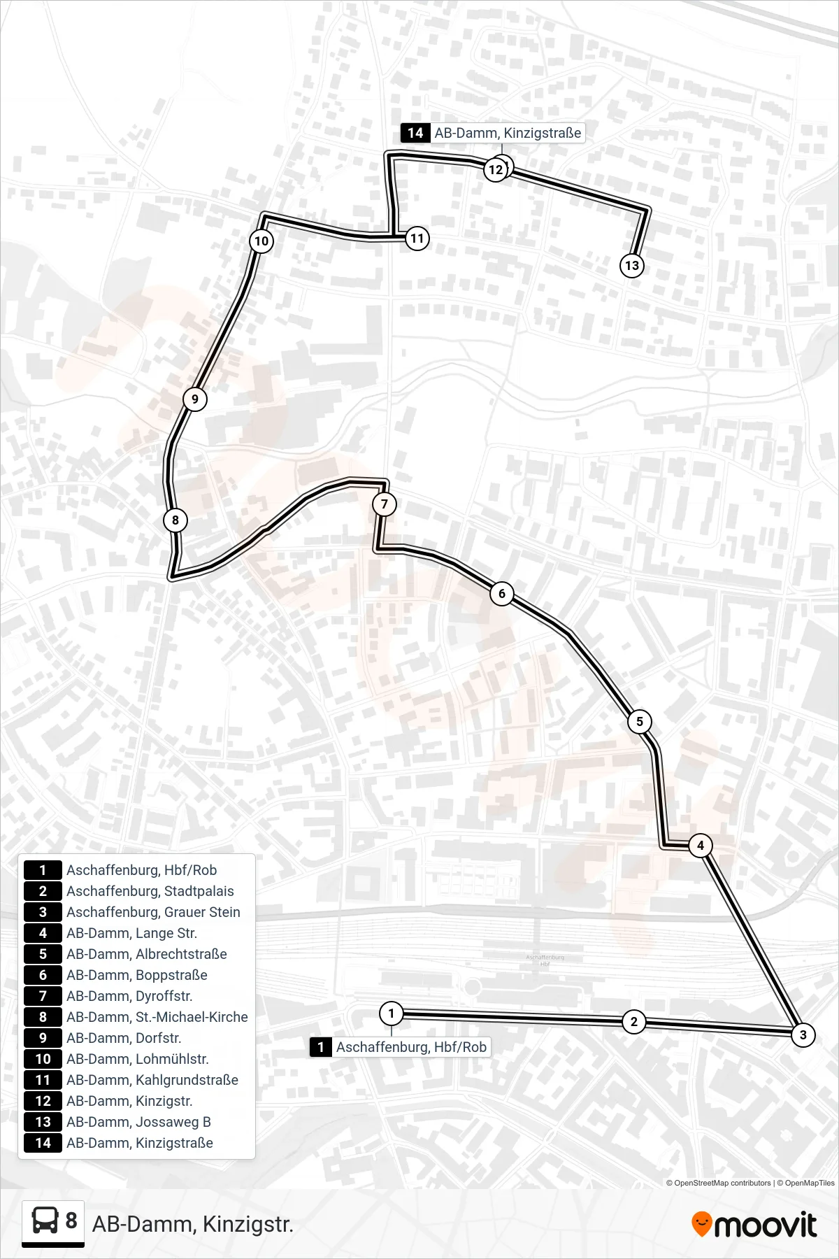 8 bus Line (AB-Damm, Kinzigstr.) route and stops on a map