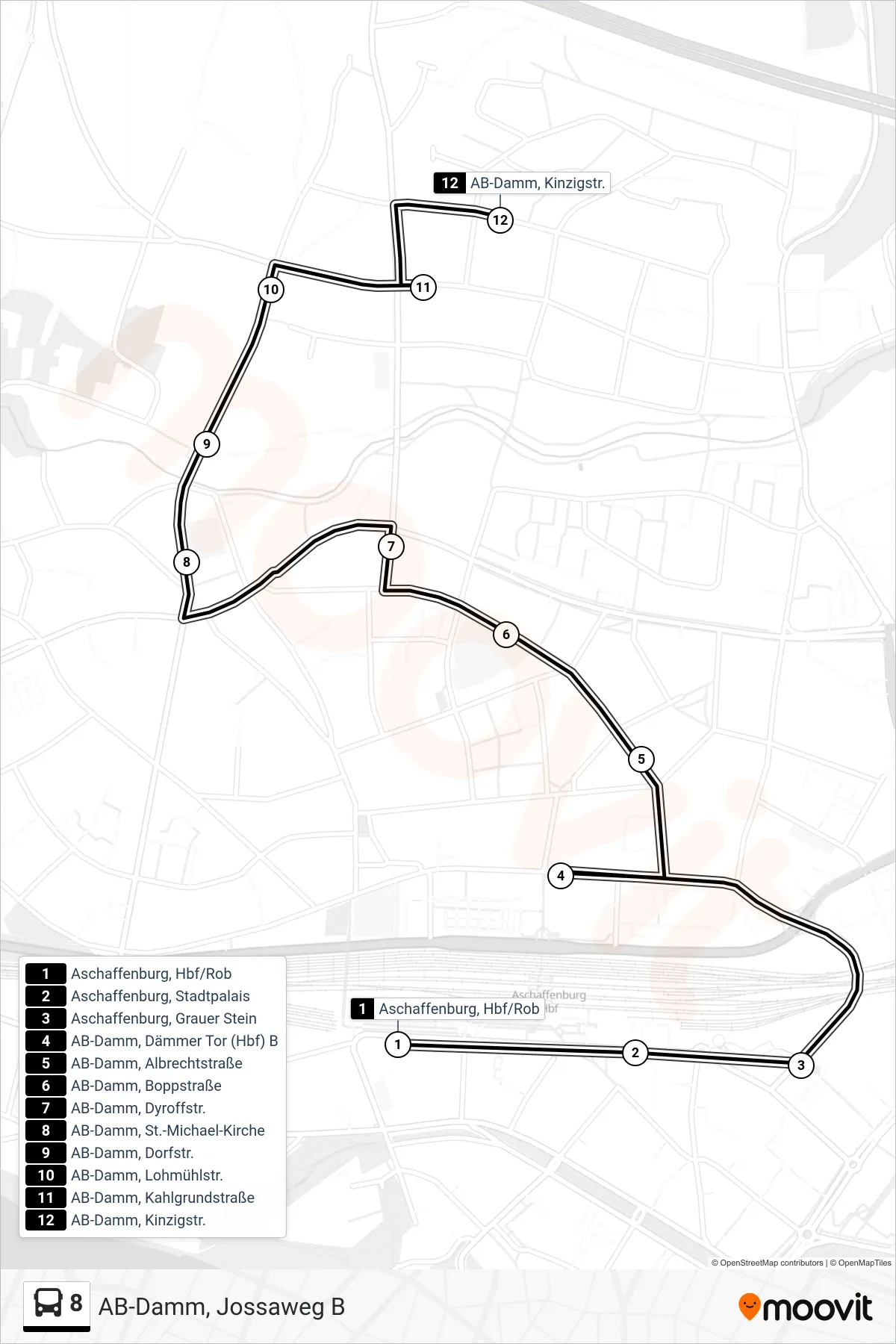 8 bus Line (AB-Damm, Jossaweg B) route and stops on a map