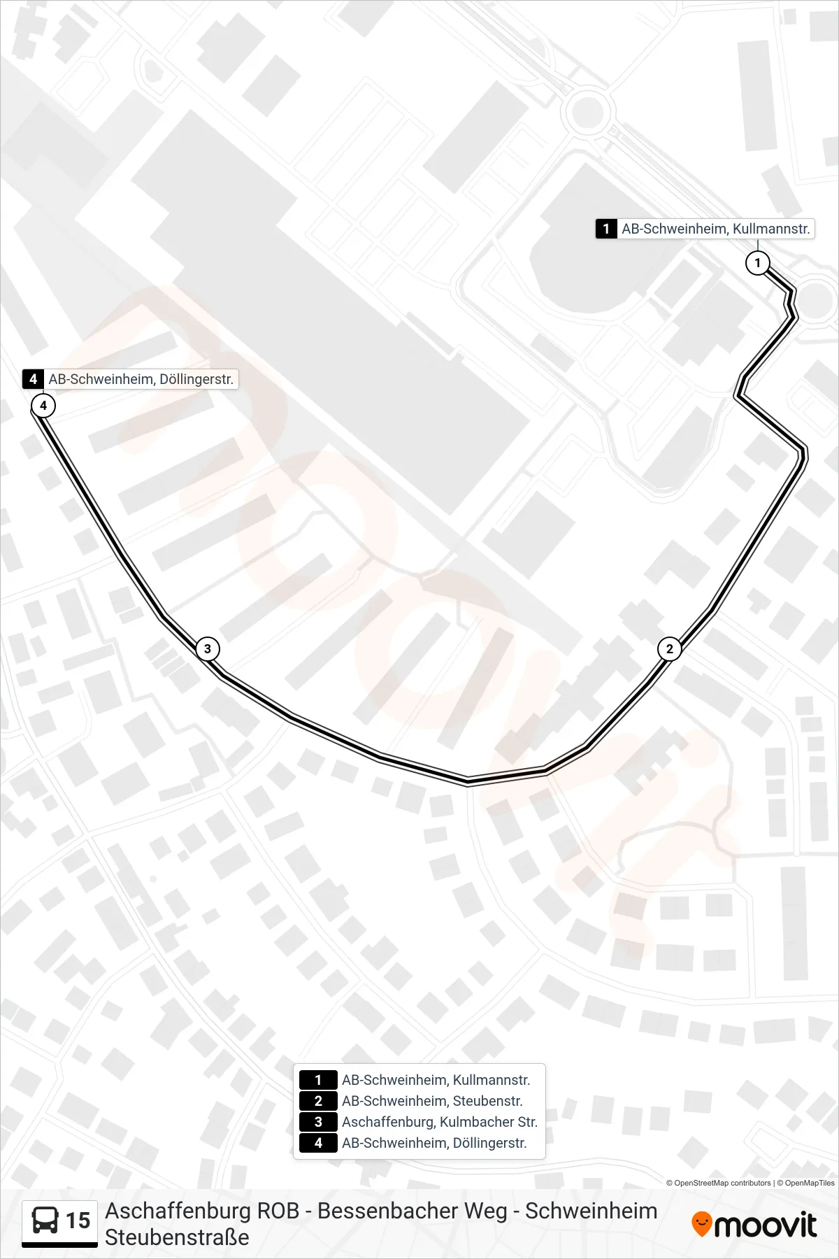 15 bus Line (AB-Schweinheim, Döllingerstr.) route and stops on a map
