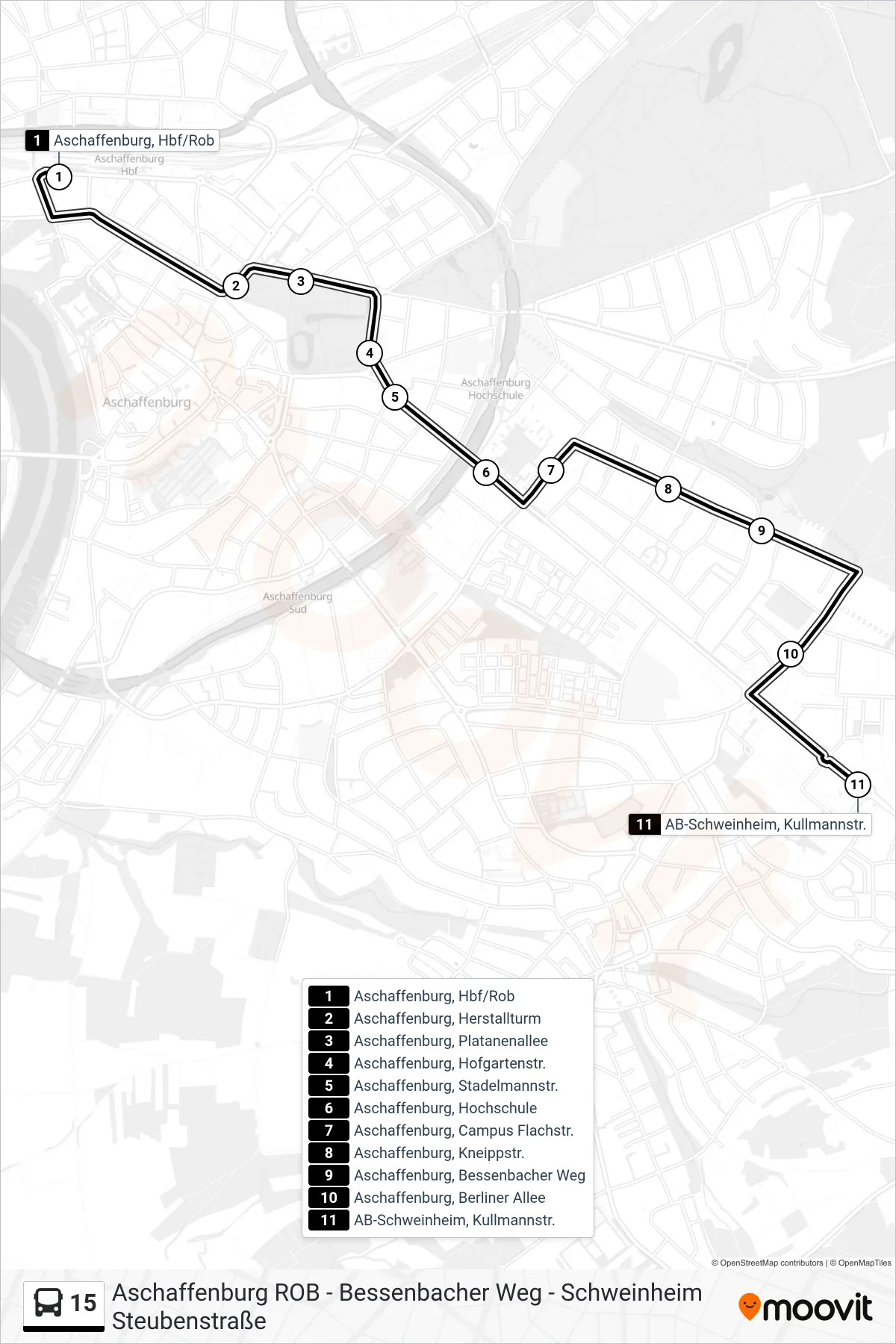 Linie 15 (Bus) Richtung Aschaffenburg, Kulmbacher Str.: Route und Haltestellen auf der Karte