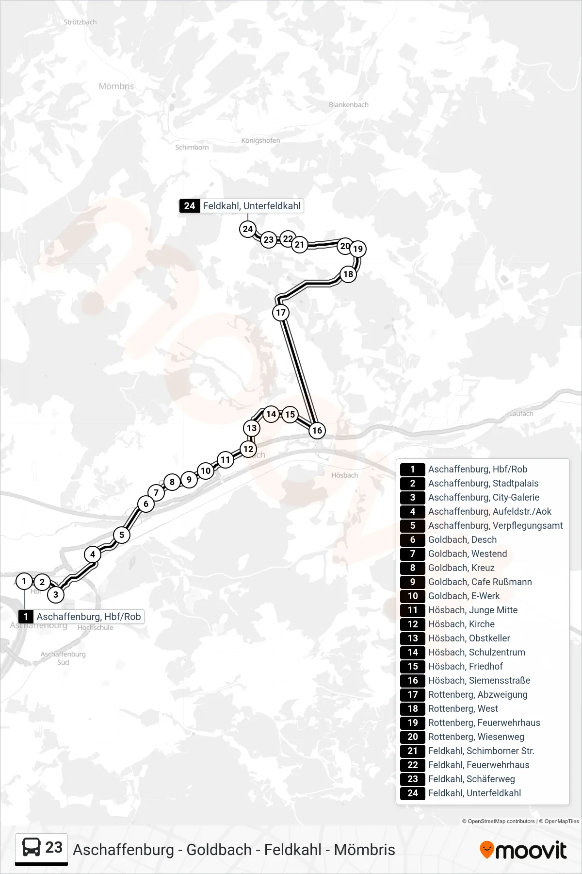 23 bus Line (Feldkahl, Unterfeldkahl) route and stops on a map