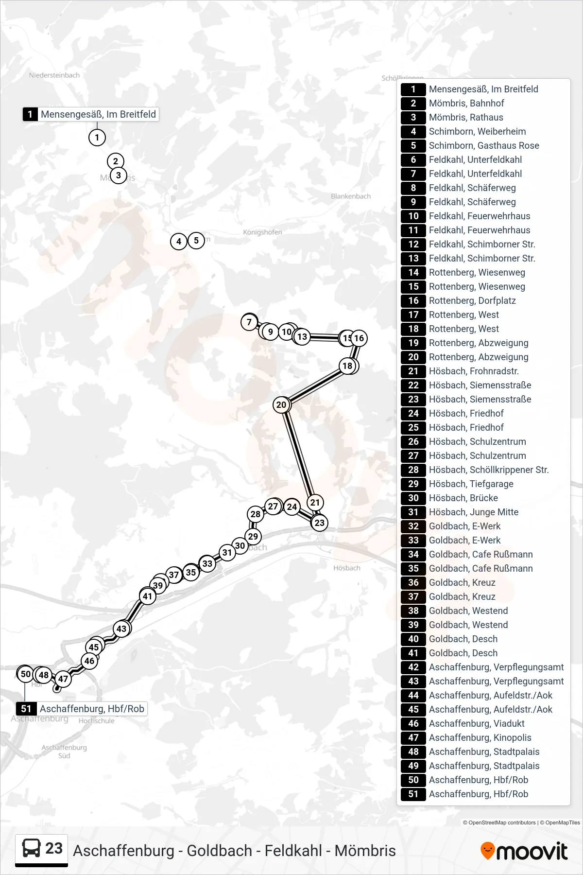 23 bus Line (Aschaffenburg, Hbf/ROB) route and stops on a map