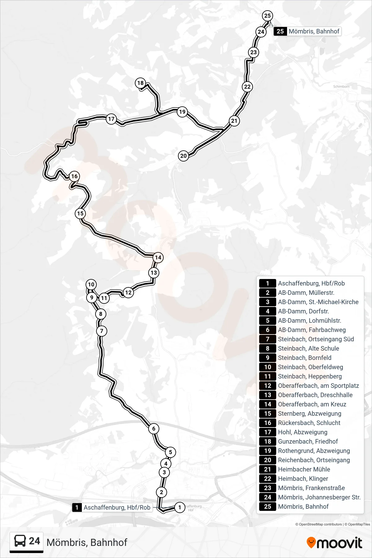 Linie 24 (Bus) Richtung Mömbris, Bahnhof: Route und Haltestellen auf der Karte