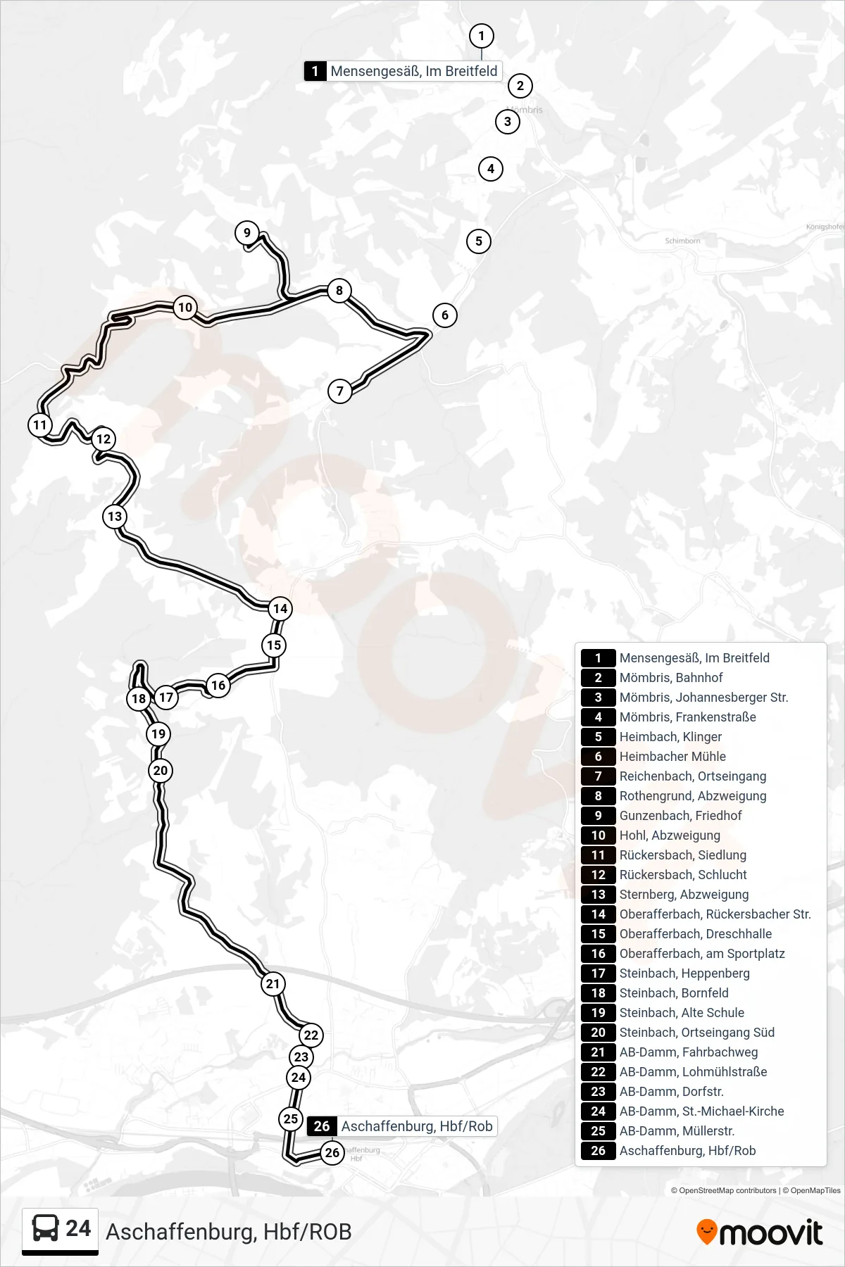 24 bus Line (Aschaffenburg, Hbf/ROB) route and stops on a map