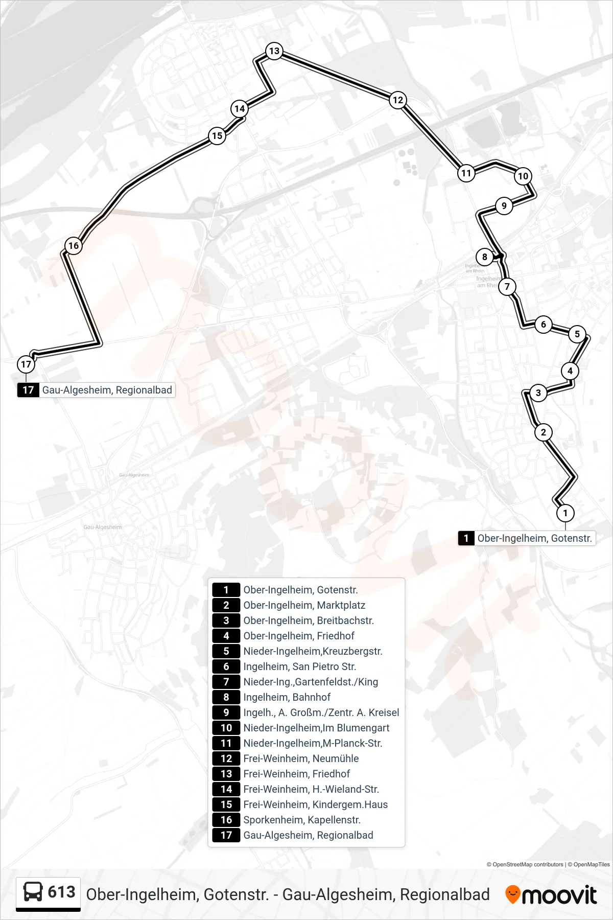 613 bus Line (Gau-Algesheim, Regionalbad) route and stops on a map