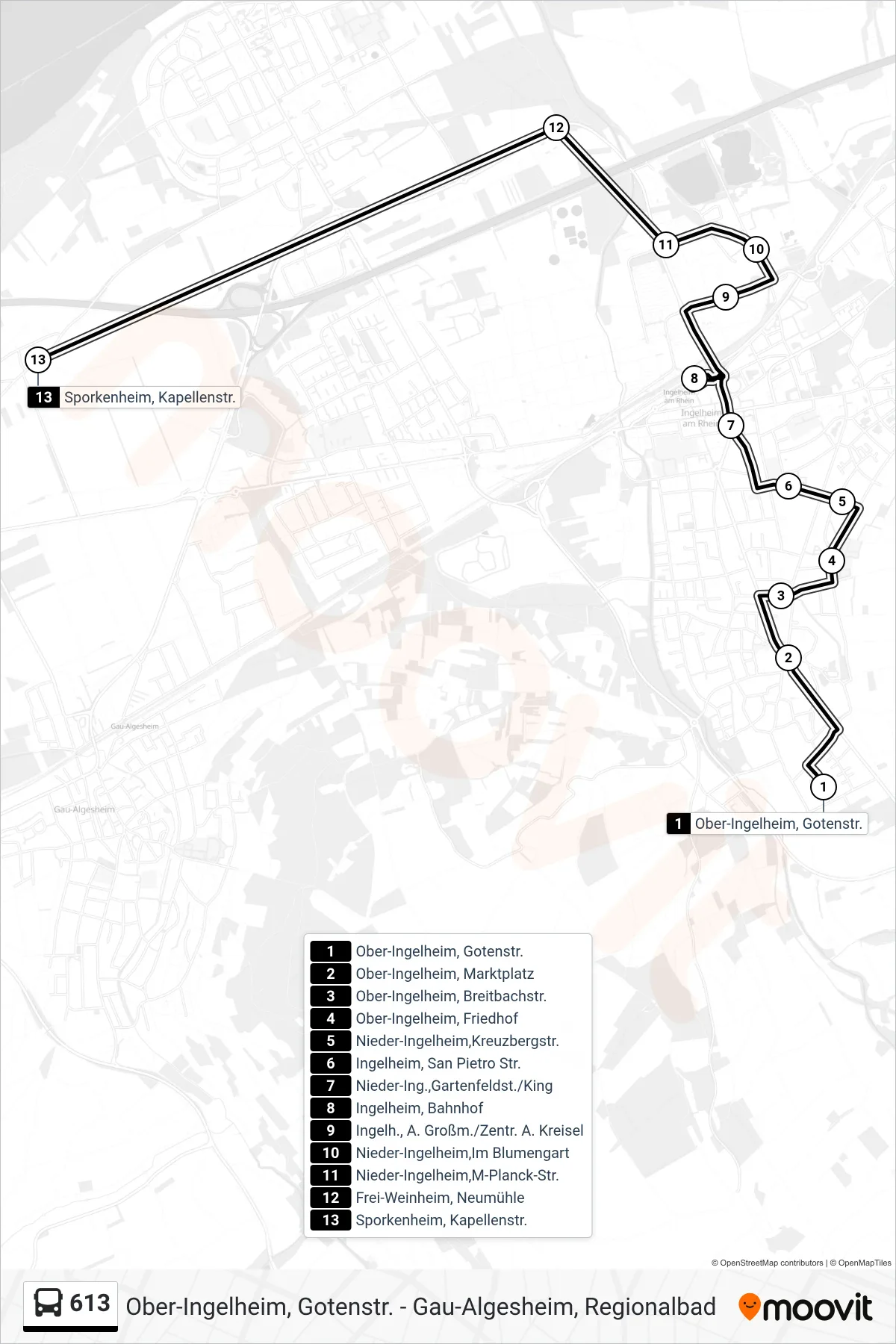 613 bus Line (Sporkenheim, Kapellenstr.) route and stops on a map