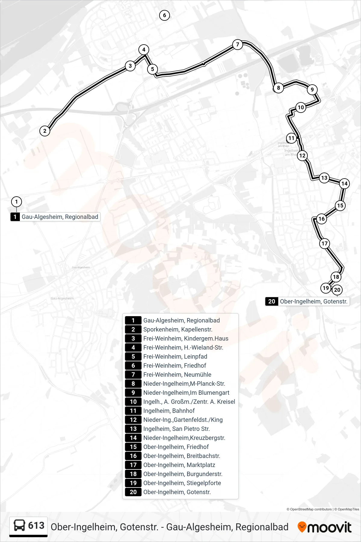 Linie 613 (Bus) Richtung Ober-Ingelheim, Gotenstr.: Route und Haltestellen auf der Karte